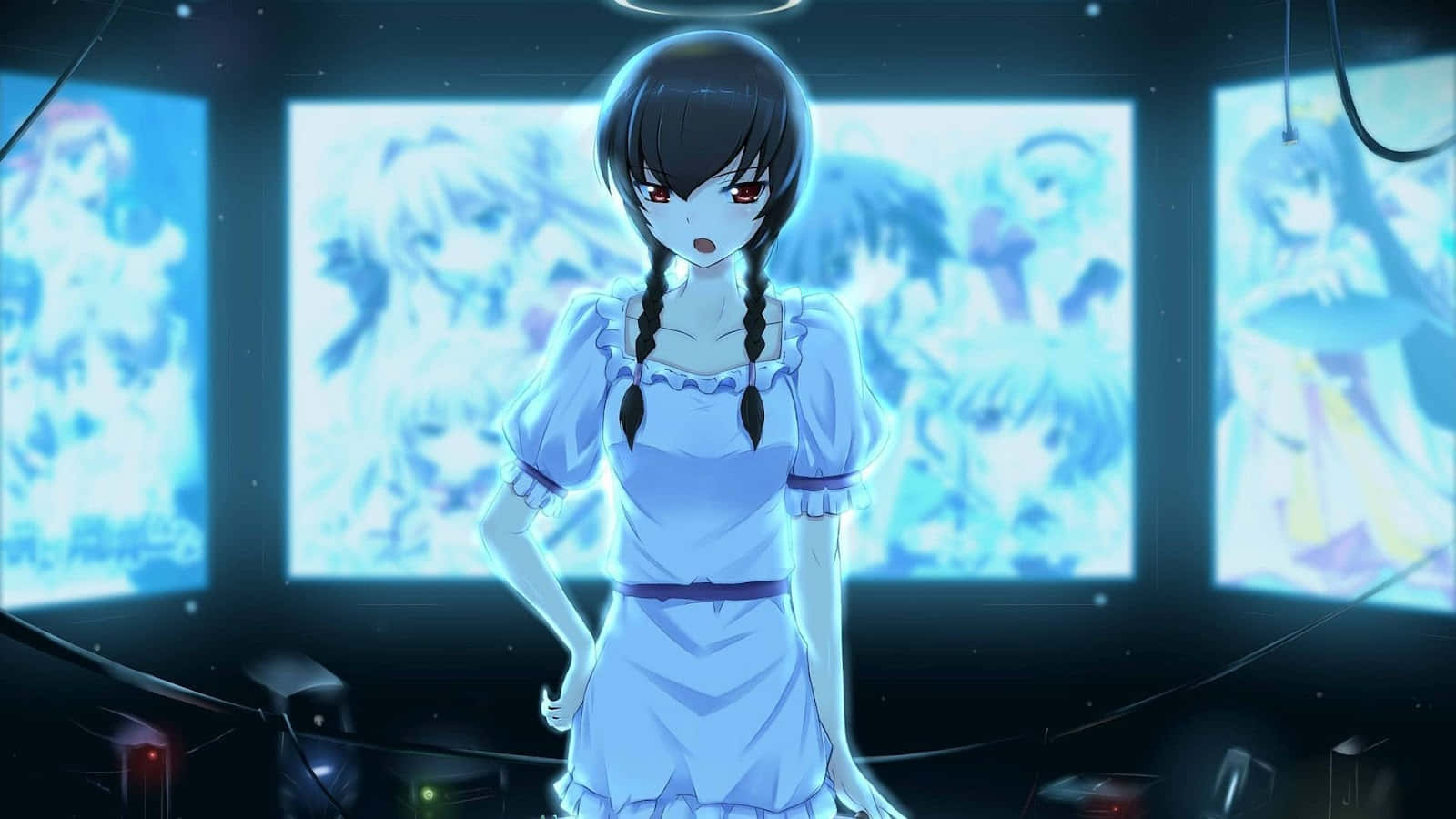 Anime maidin, blue dress, flickering screens, HD Desktop Wallpaper