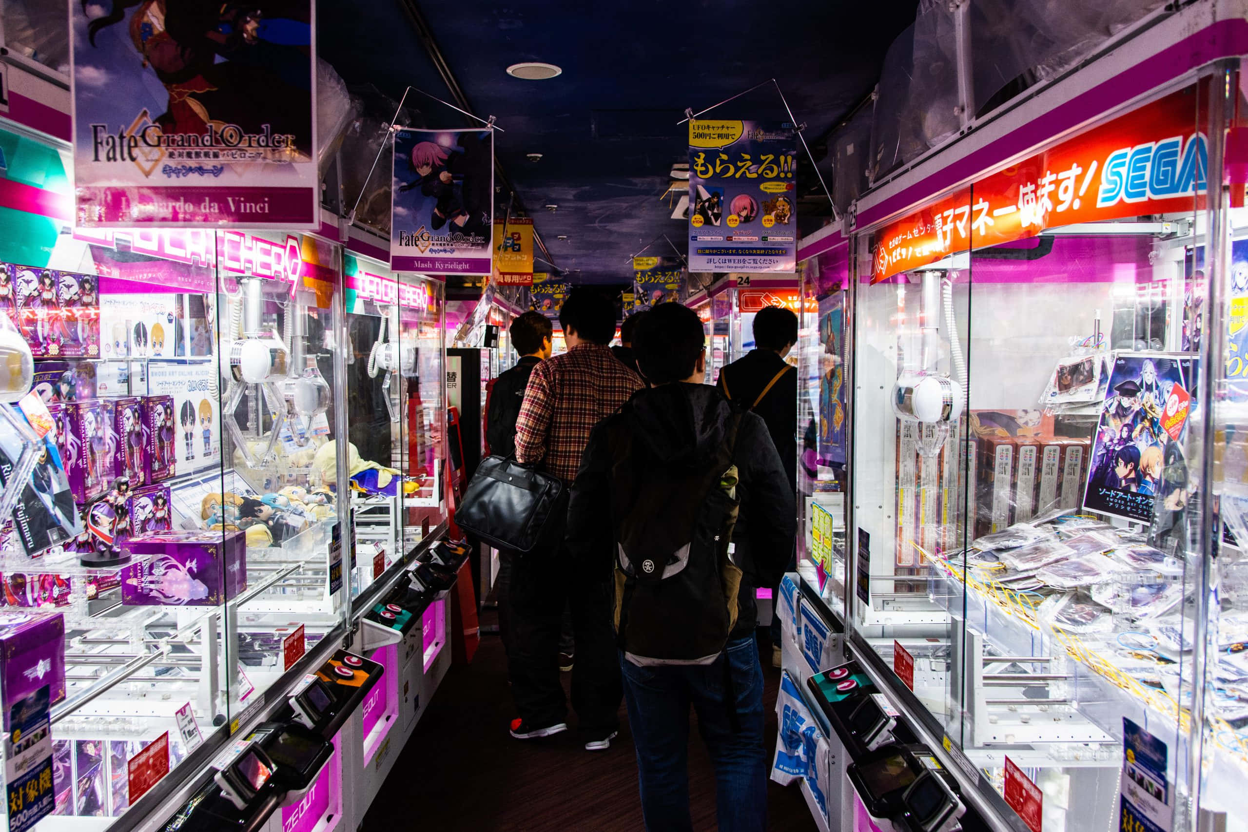 Otaku, arcade aisle, colorful claw machines, 2K Desktop Wallpaper