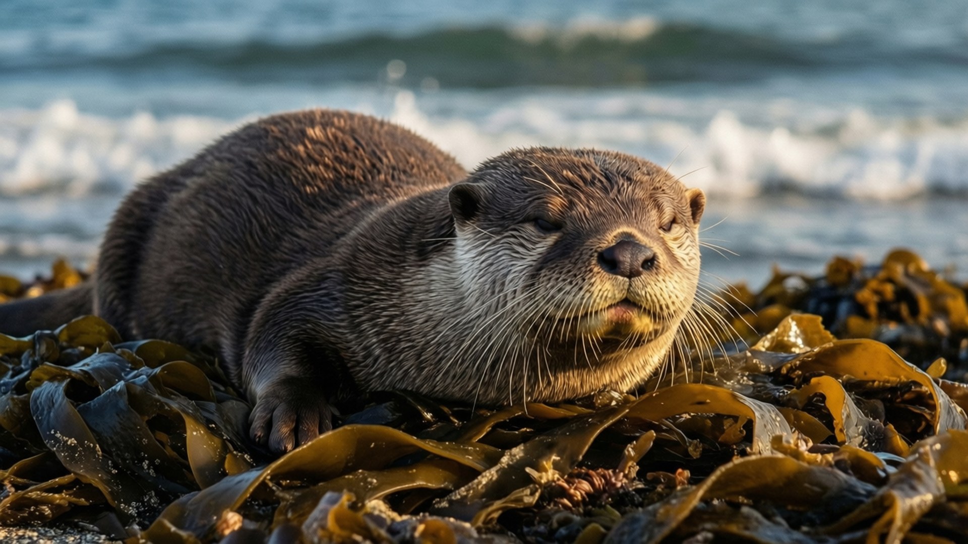 otter, kelp, ocean waves, Full HD Desktop Wallpaper