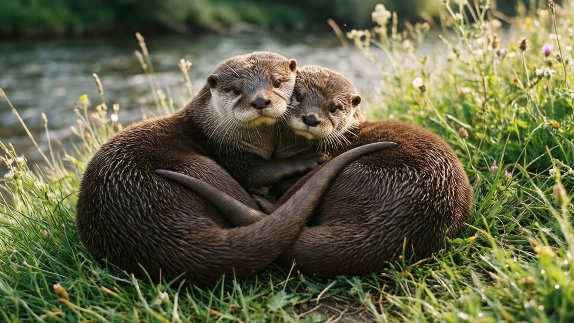 otter, grass field, river, Full HD Desktop Wallpaper