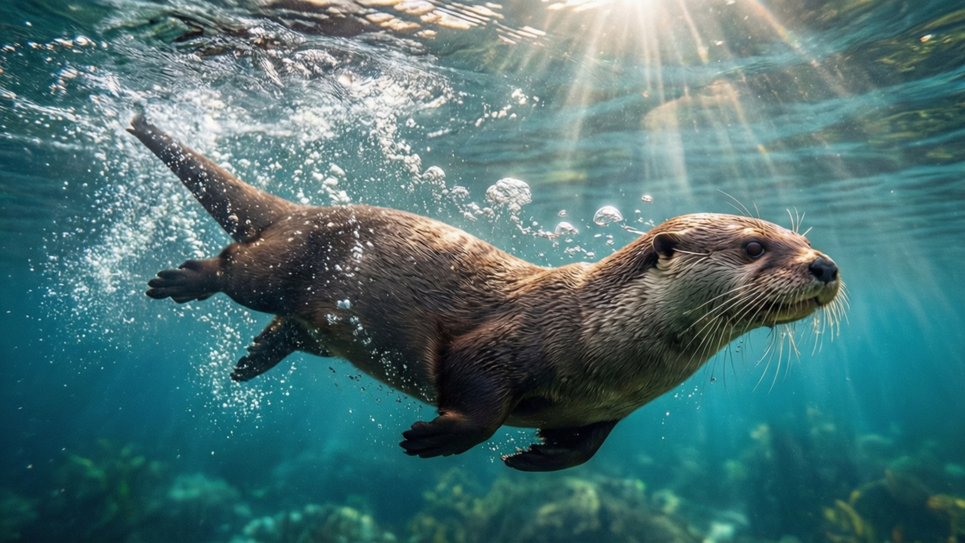 otter, brown otter, sunbeams, Full HD Desktop Wallpaper