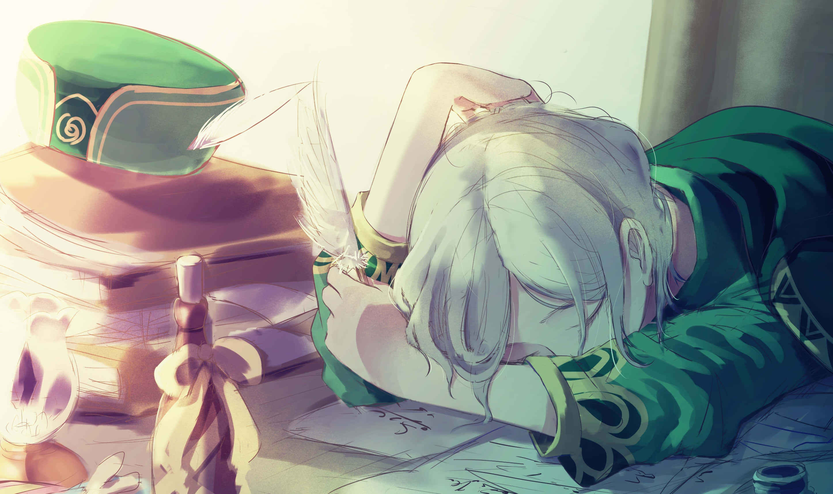 Otto Suwen, silver-haired anime character, green robes, 2K Desktop Wallpaper