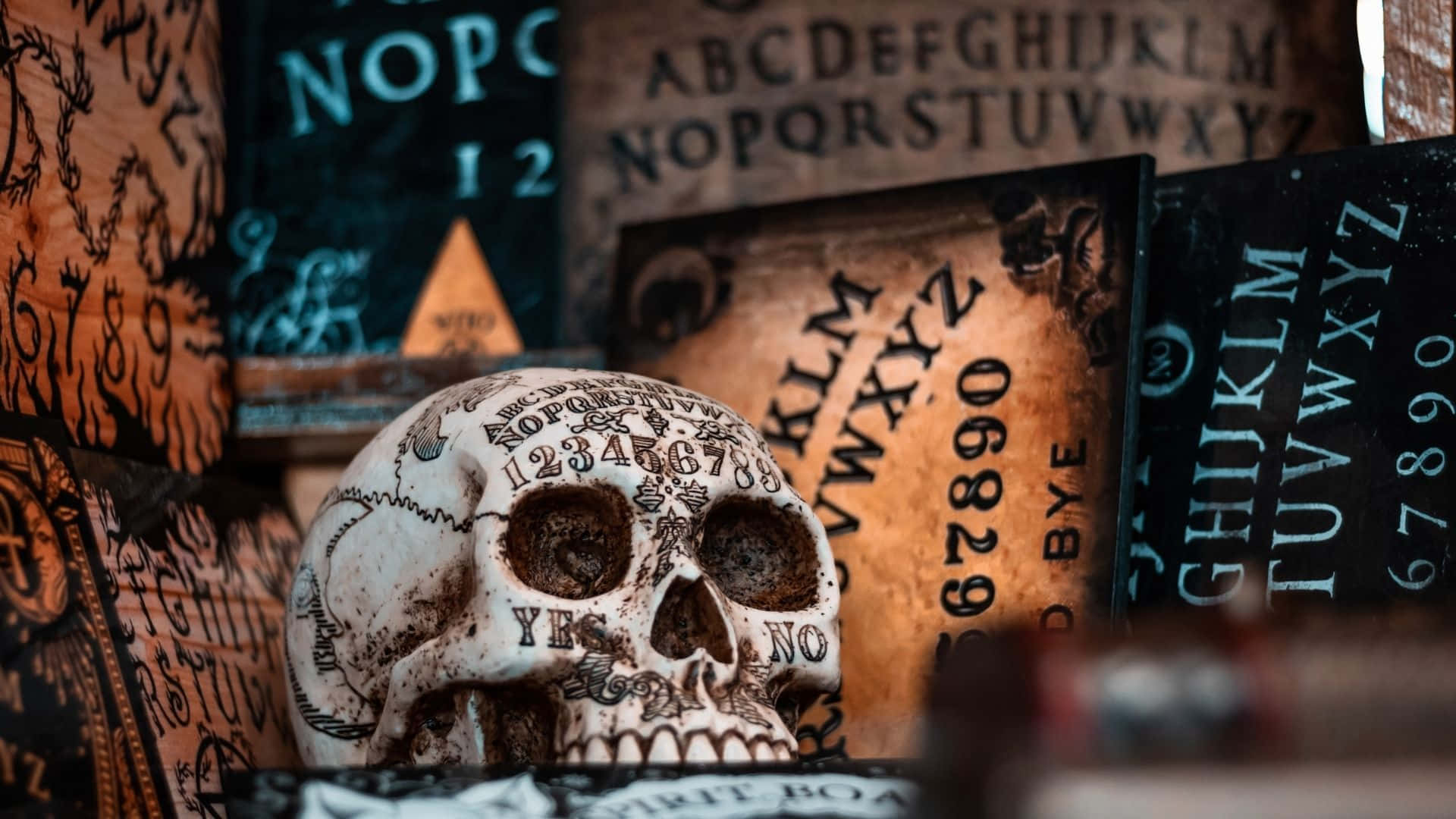 Ouija Boards, weathered skull, mystical symbols, Full HD Desktop Wallpaper