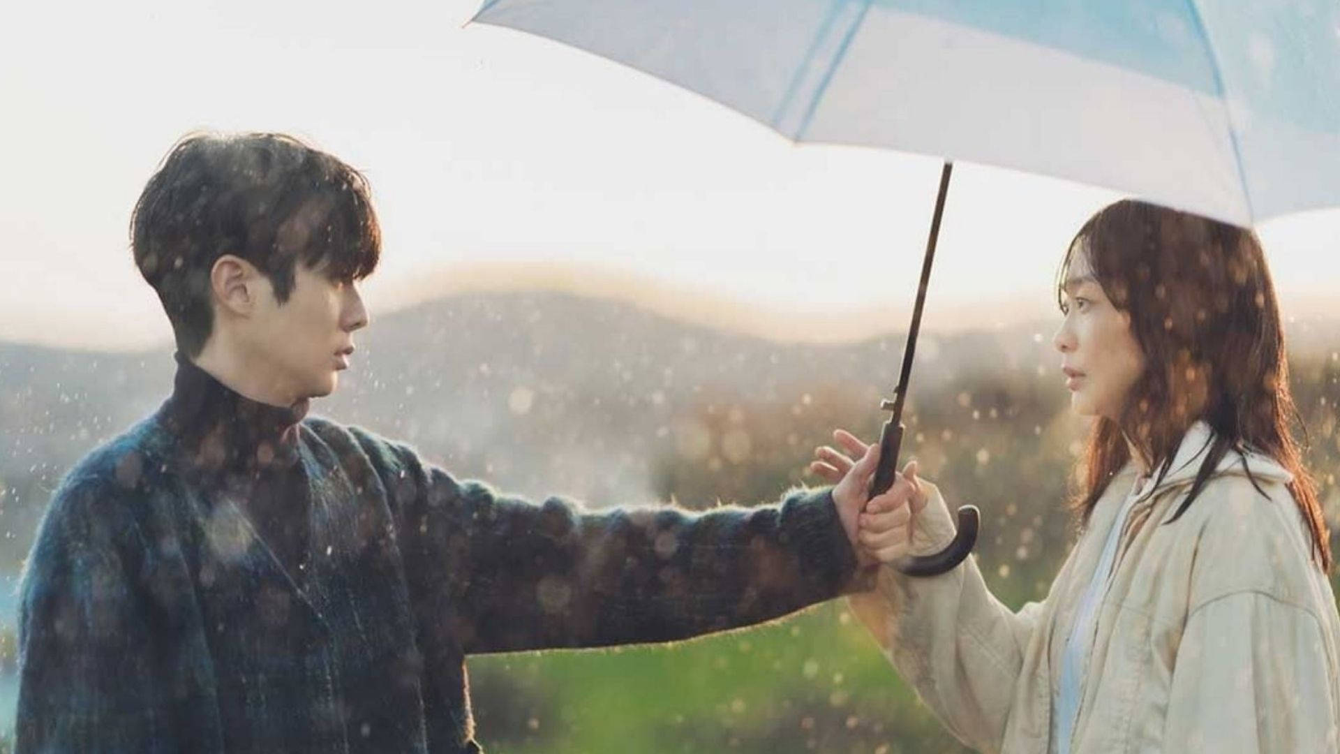 Our Beloved Summer, rain scene, white umbrella, Full HD Desktop Wallpaper
