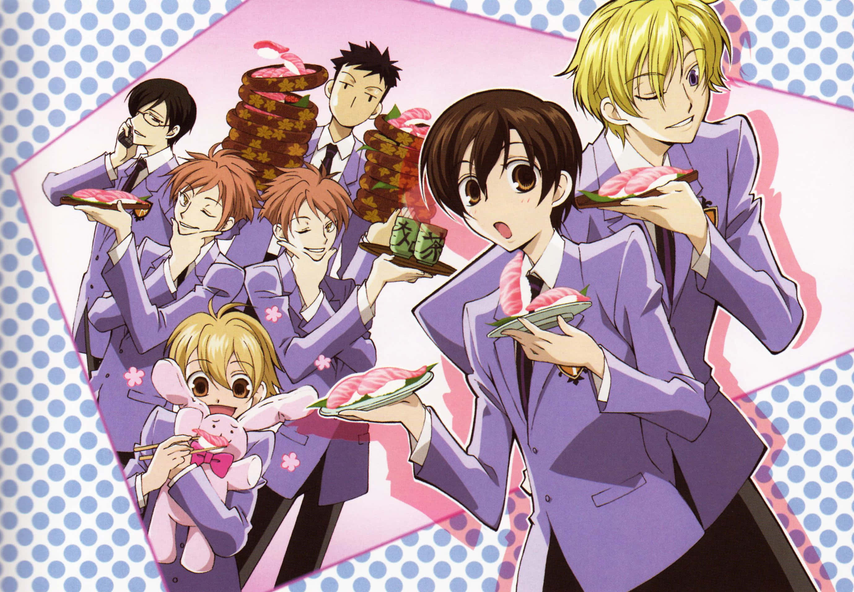 Ouran High School Host Club, purple suits, sushi, 2K Desktop Wallpaper