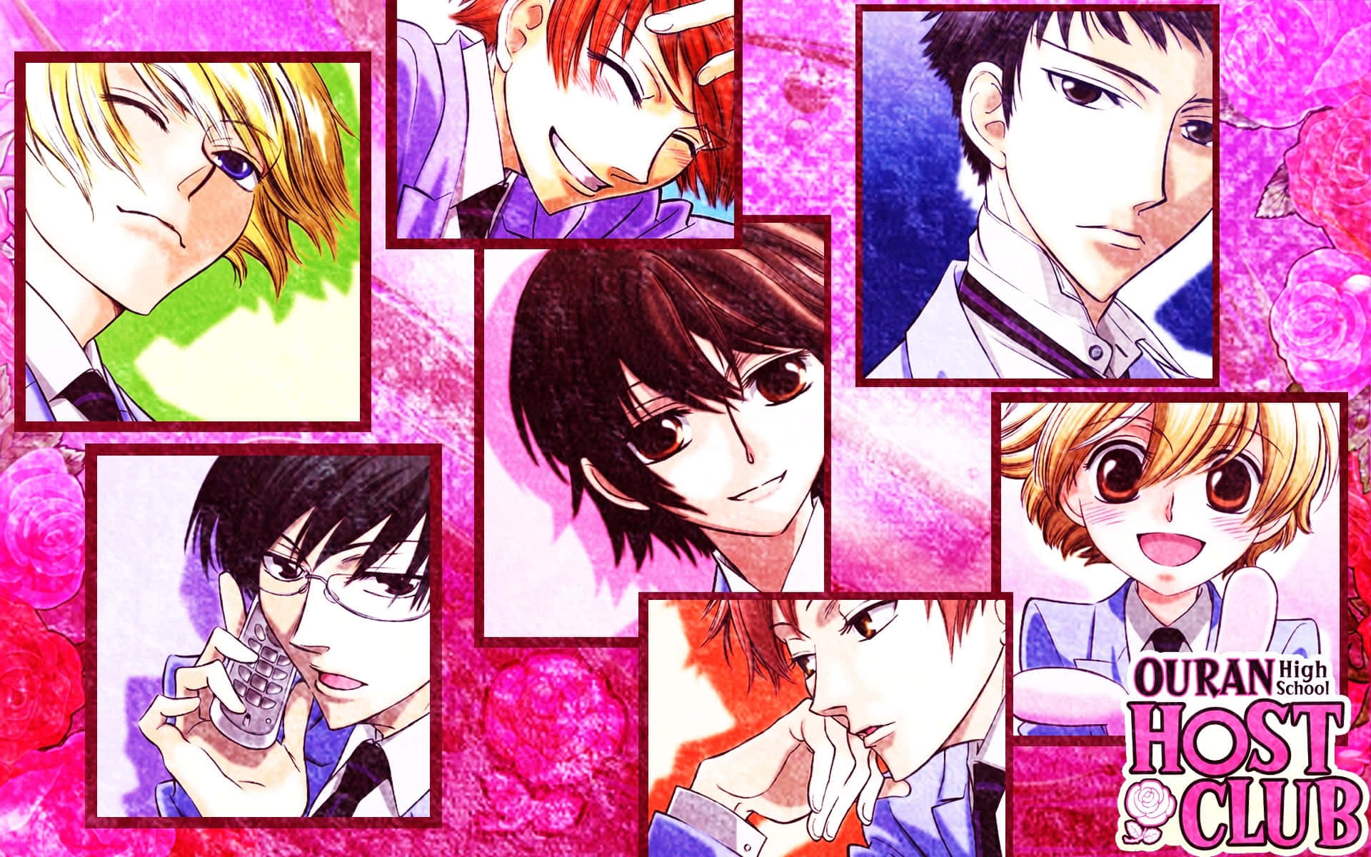 Ouran High School Host Club, pink rose background, anime collage, Full HD Desktop Wallpaper