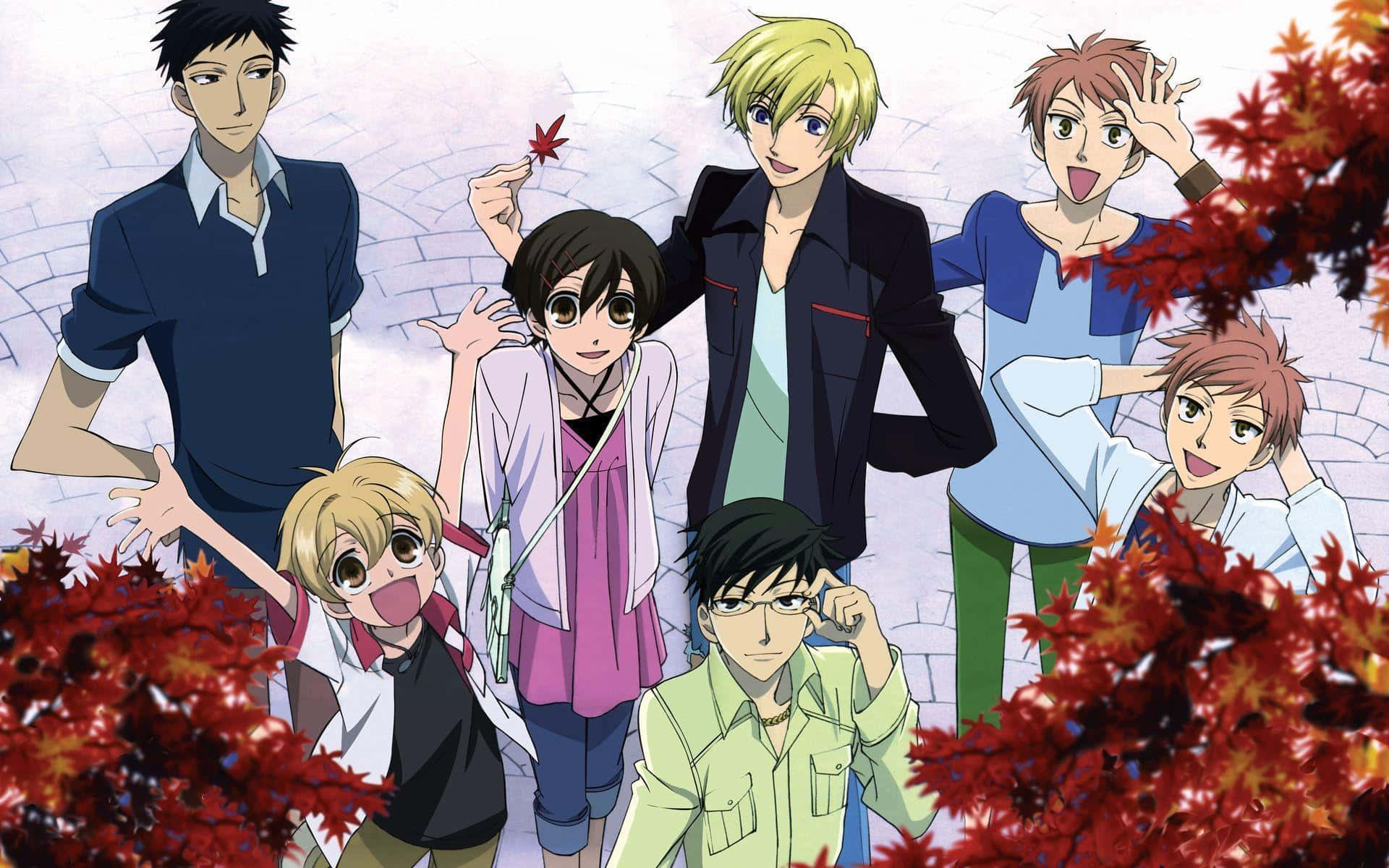 Ouran High School Host Club, seven anime characters, vibrant red maple leaves, Full HD Desktop Wallpaper