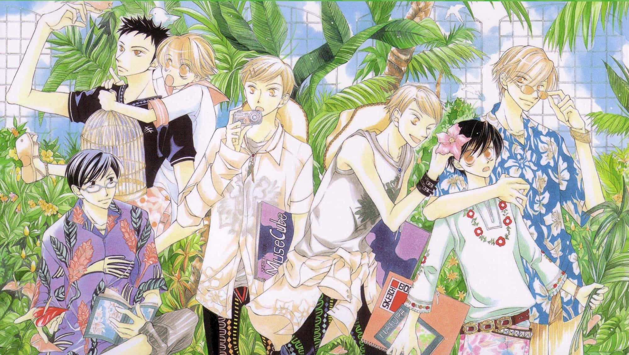 Ouran High School Host Club, seven stylish teens, lush tropical foliage, Full HD Desktop Wallpaper