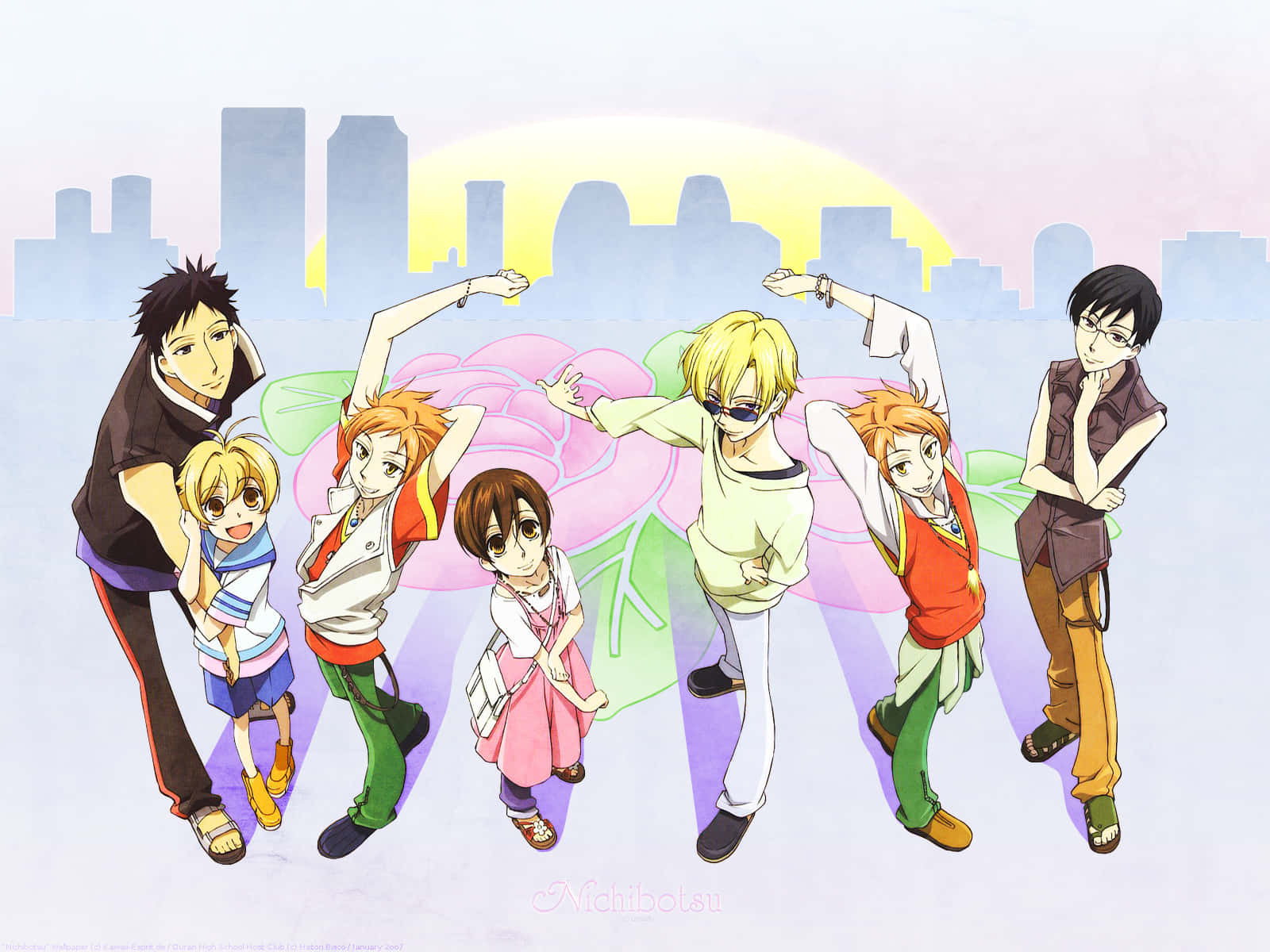 Ouran High School Host Club, seven anime characters, stylized city skyline, HD Desktop Wallpaper