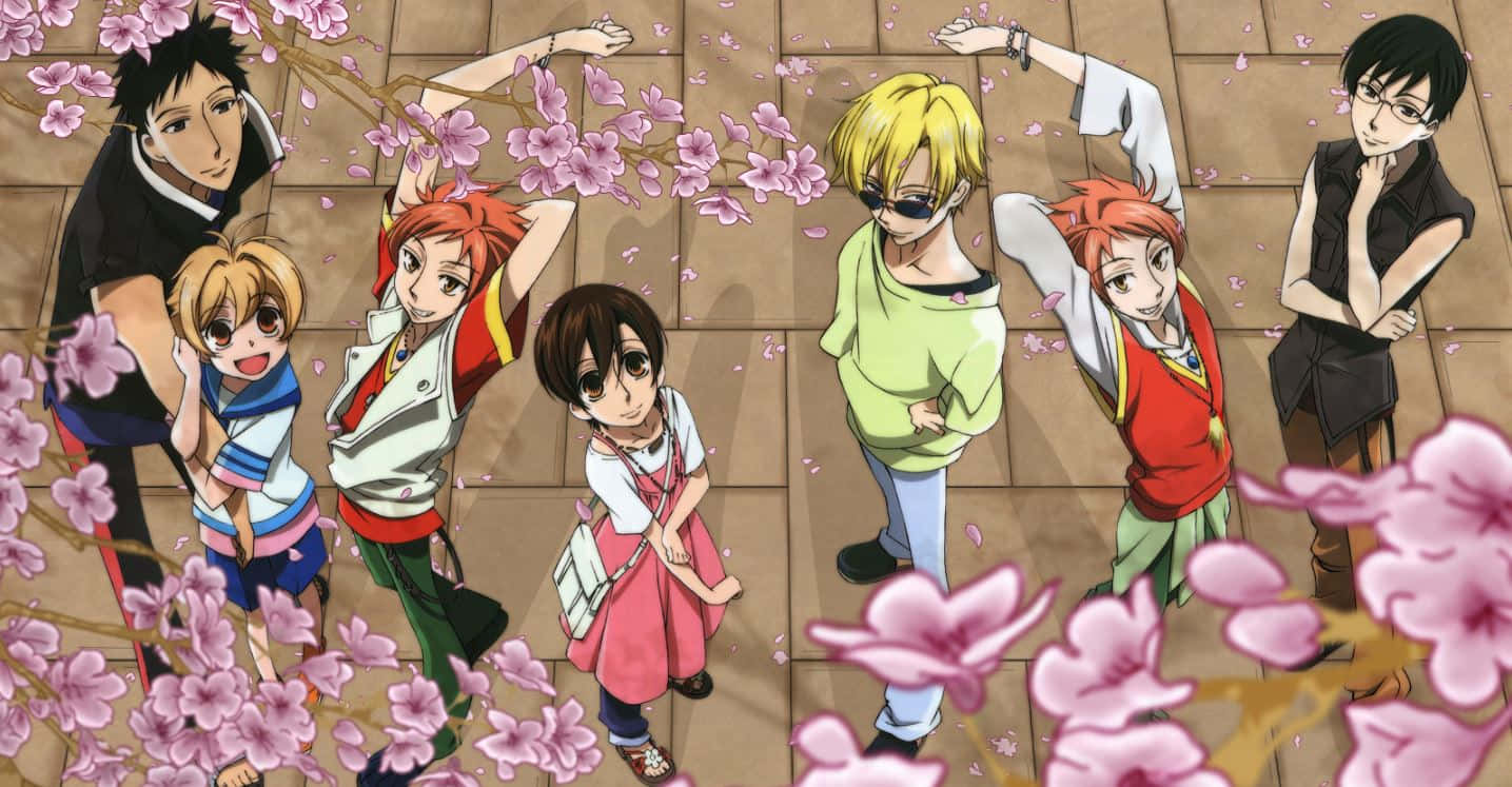 Ouran High School Host Club, pink cherry blossoms, tiled courtyard, HD Desktop Wallpaper