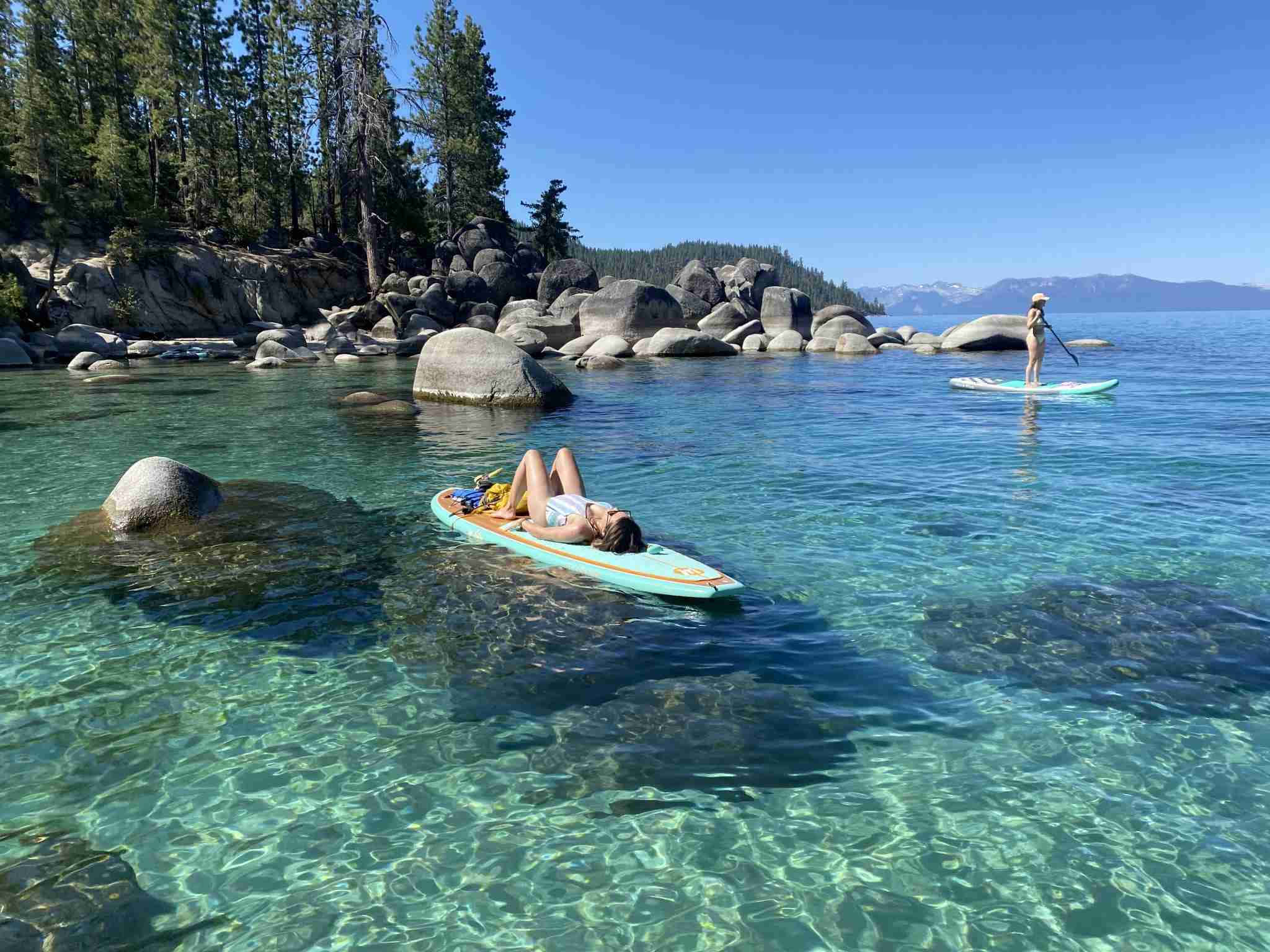 paddleboarding, crystal clear turquoise waters, rocky shores, Full HD Desktop Wallpaper