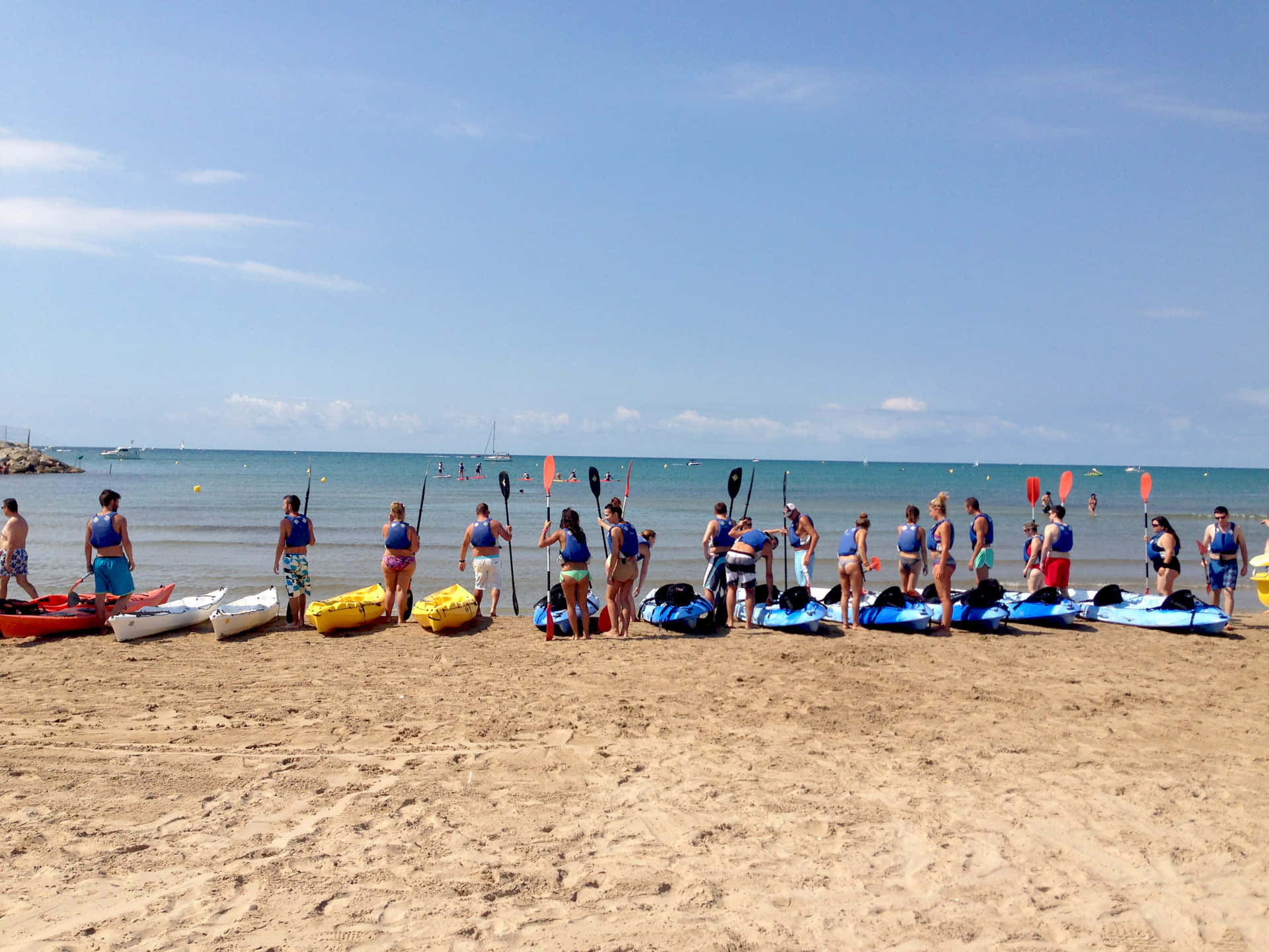 blue life vests, sandy beach, colorful kayaks, Full HD Desktop Wallpaper