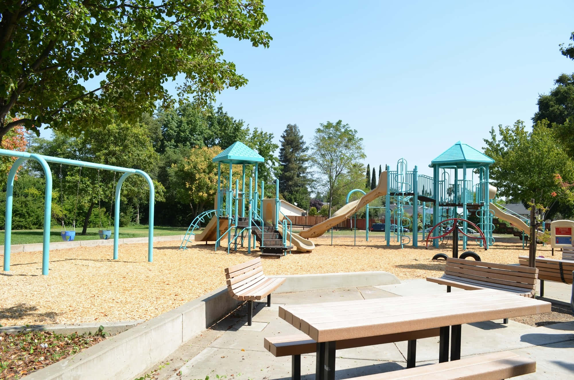 sunny day, playground, teal structures, Full HD Desktop Wallpaper