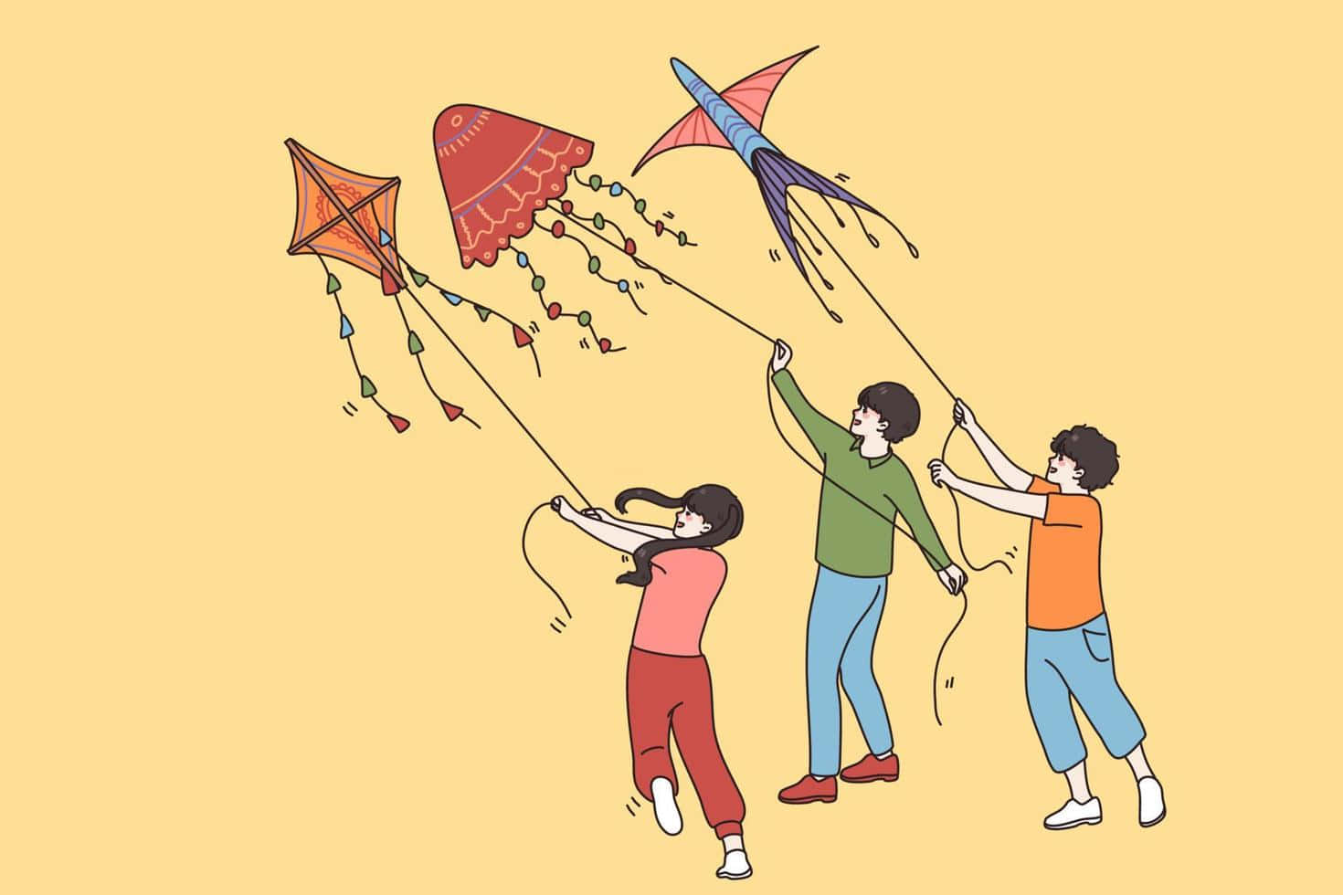 colorful kites, three children, solid yellow background, HD Desktop Wallpaper