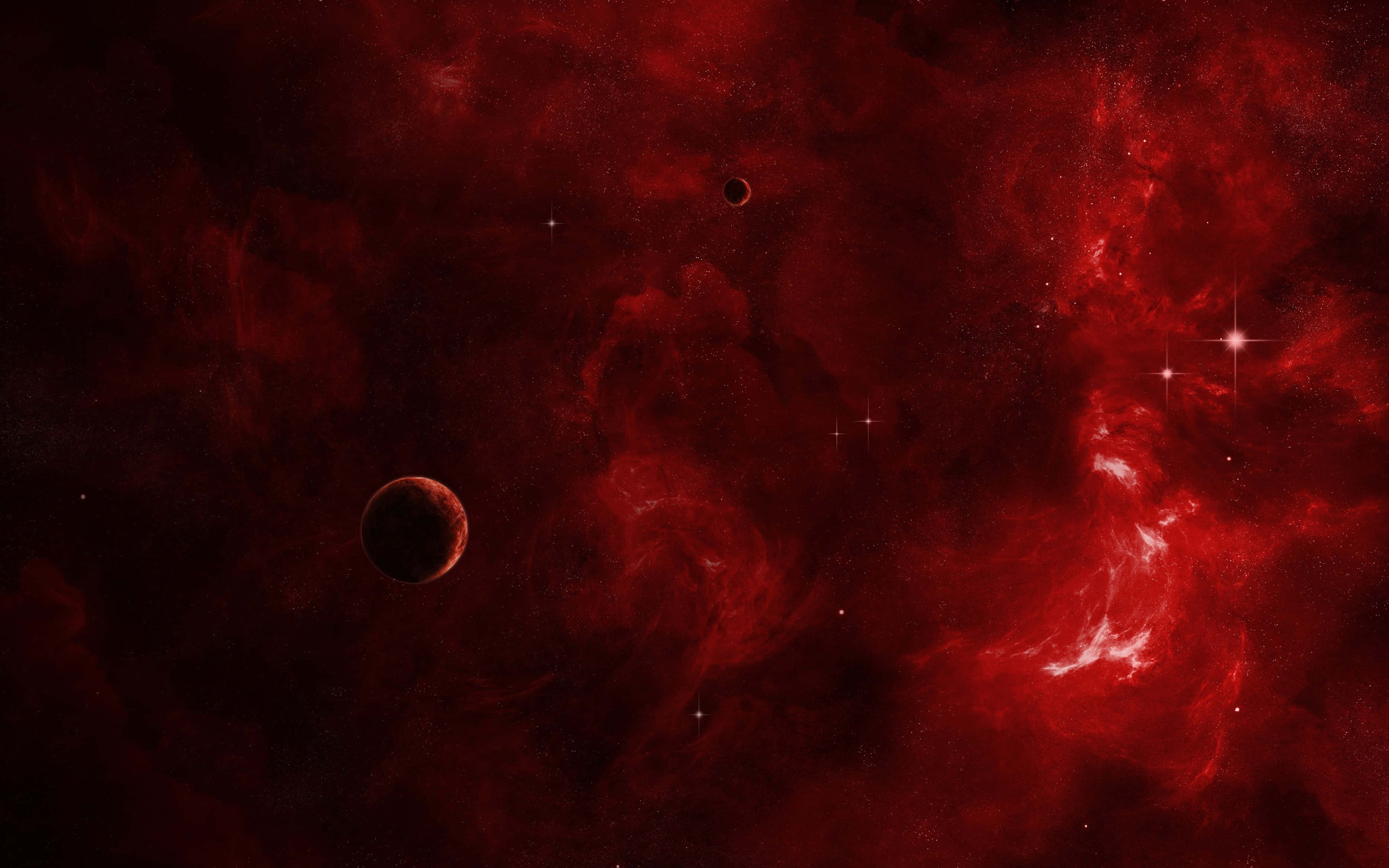 red-hued gas giant, swirling crimson nebulae, two planets, 2K Desktop Wallpaper