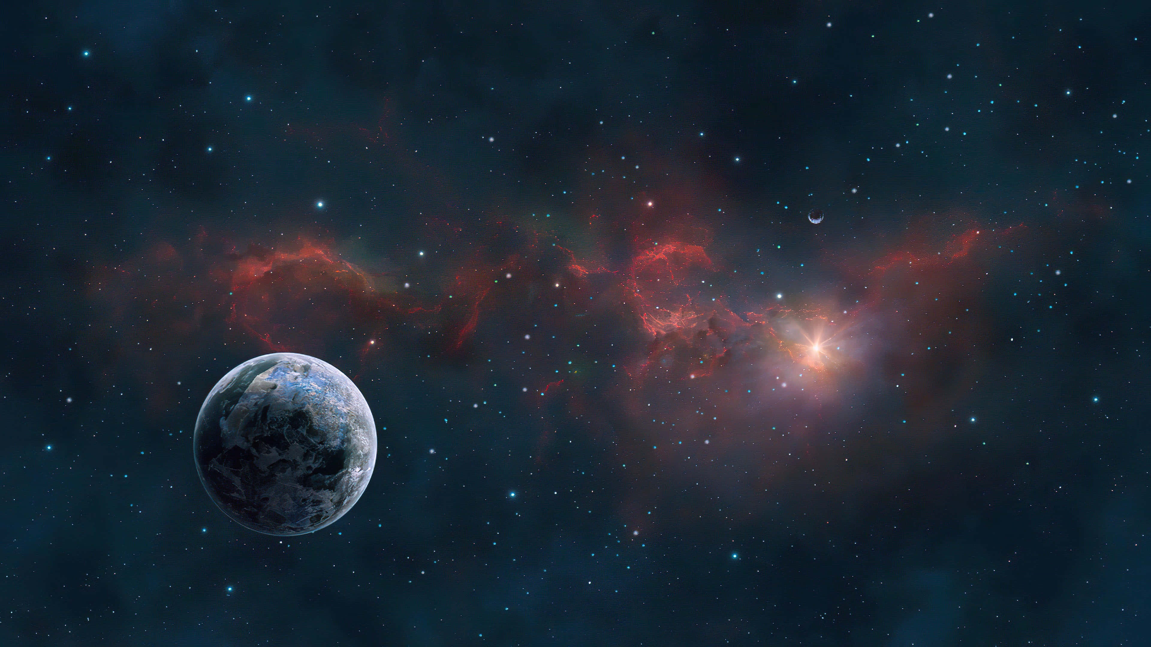 outer space red 4K, blue planet, glowing red nebula, 4K Desktop Wallpaper