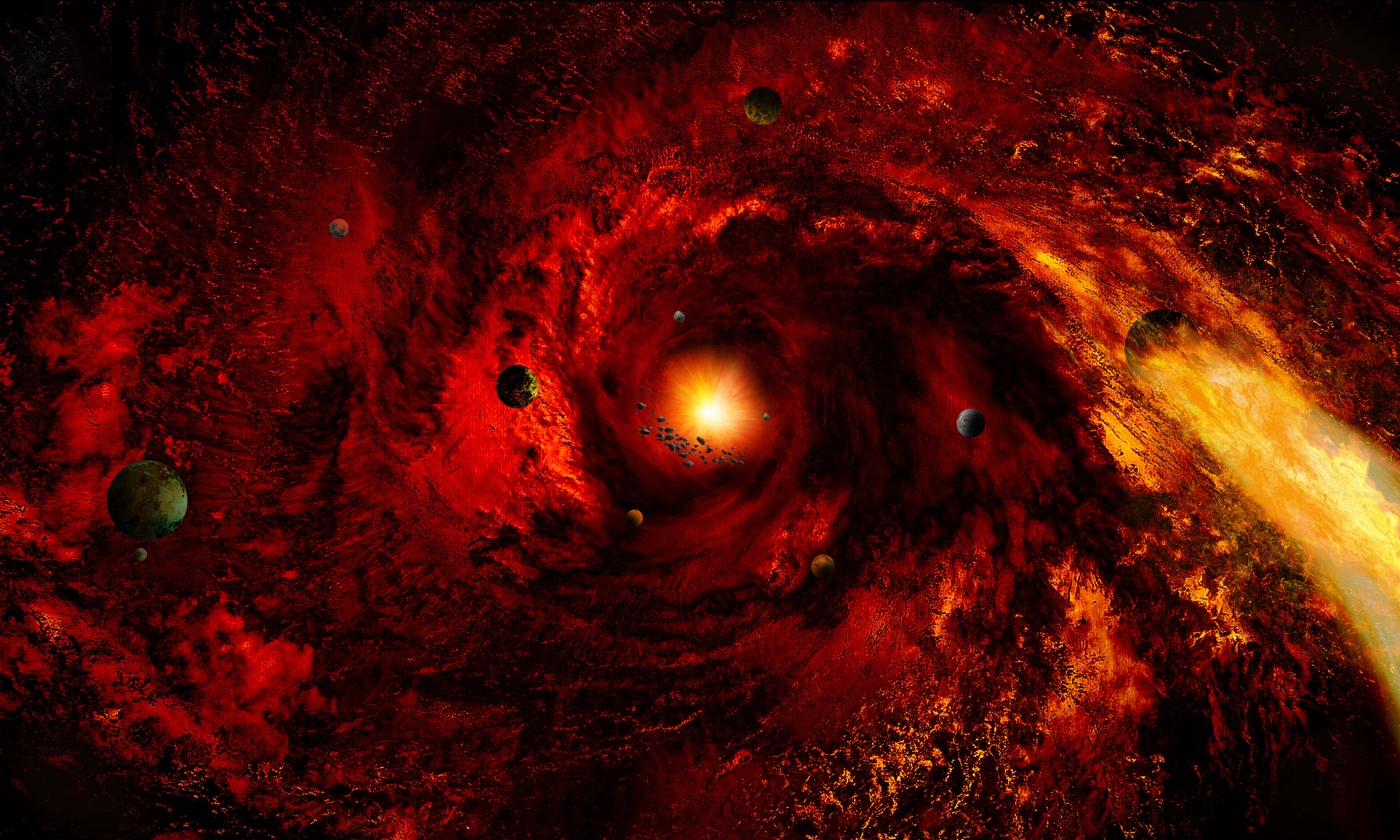 red and yellow spiral, planet, fiery red spiral galaxy, 4K Desktop Wallpaper
