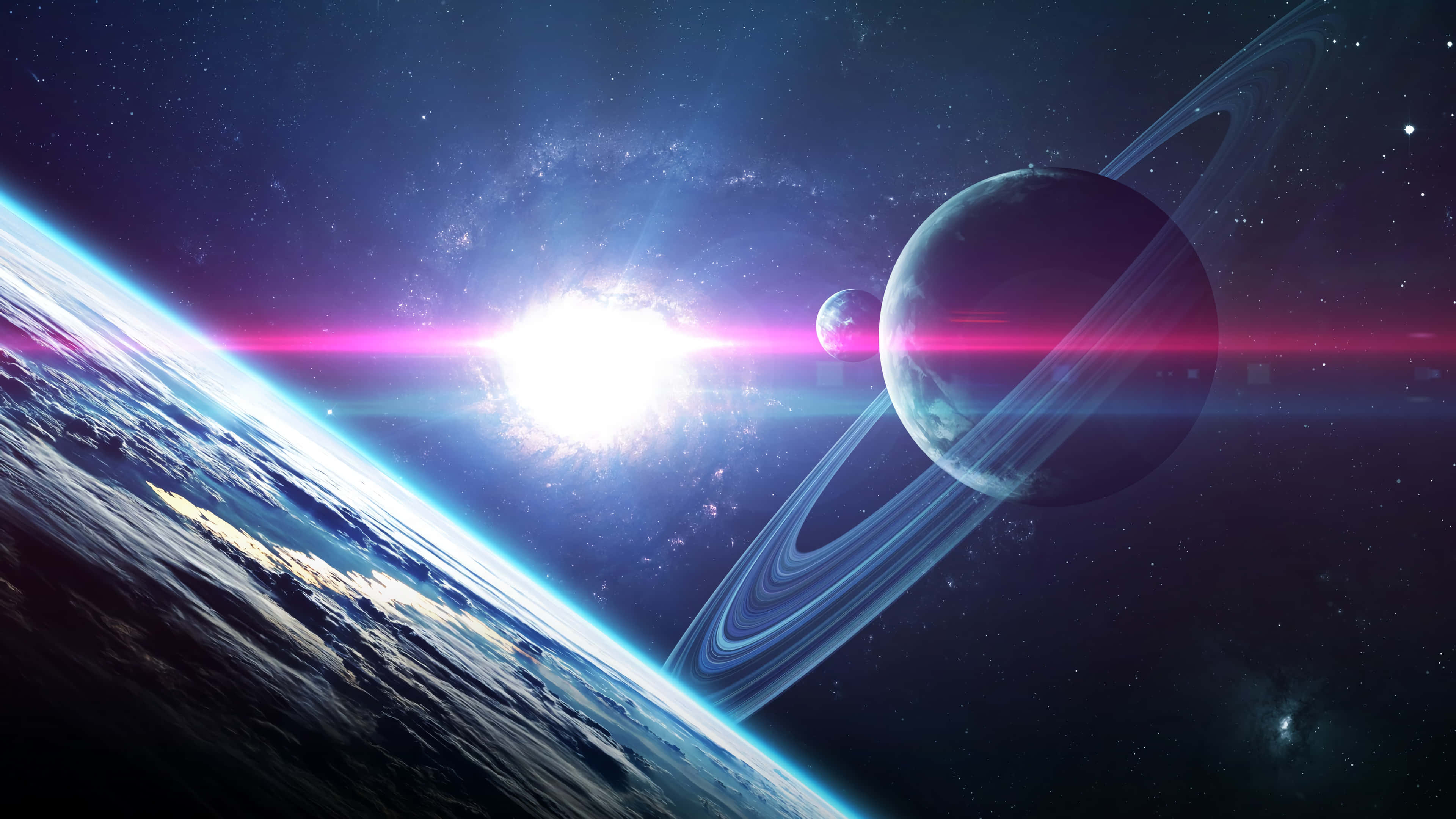 Outer Space Red 4K, glowing sun, ringed planet, 4K Desktop Wallpaper