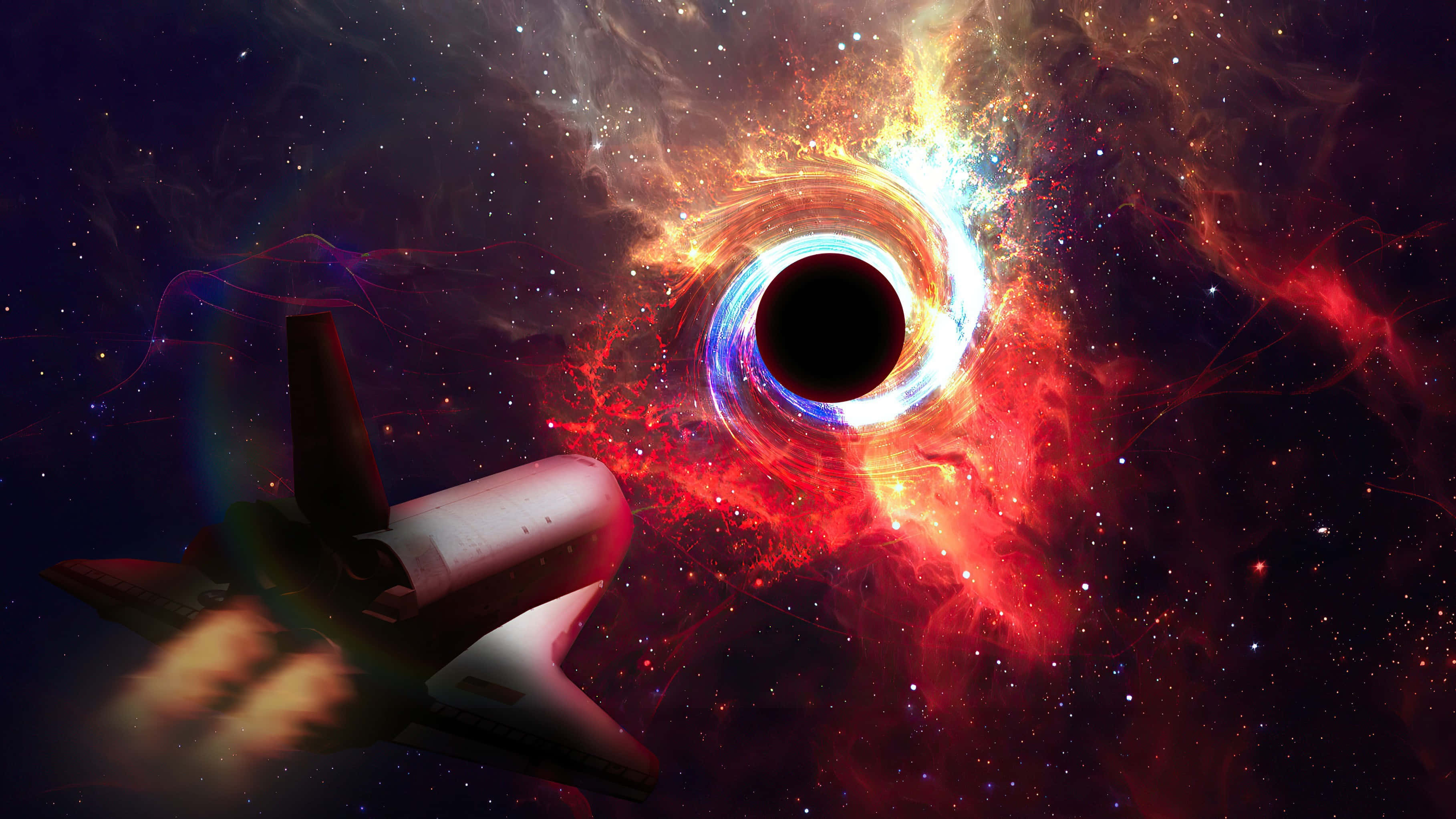 Outer Space Red 4K, spacecraft, glowing black hole, 2K Desktop Wallpaper