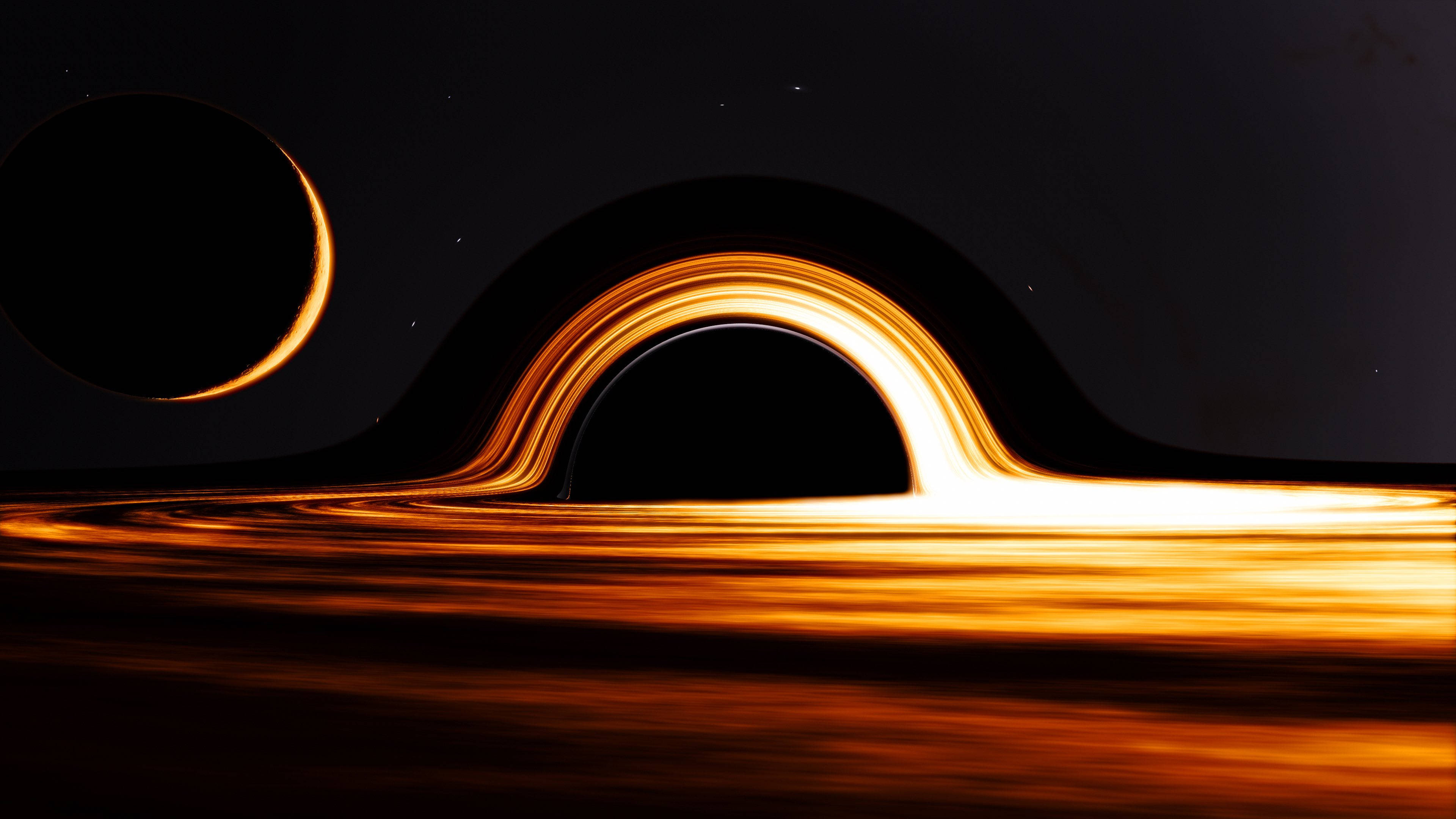 black hole, glowing orange accretion disk, crescent moon, 4K Desktop Wallpaper