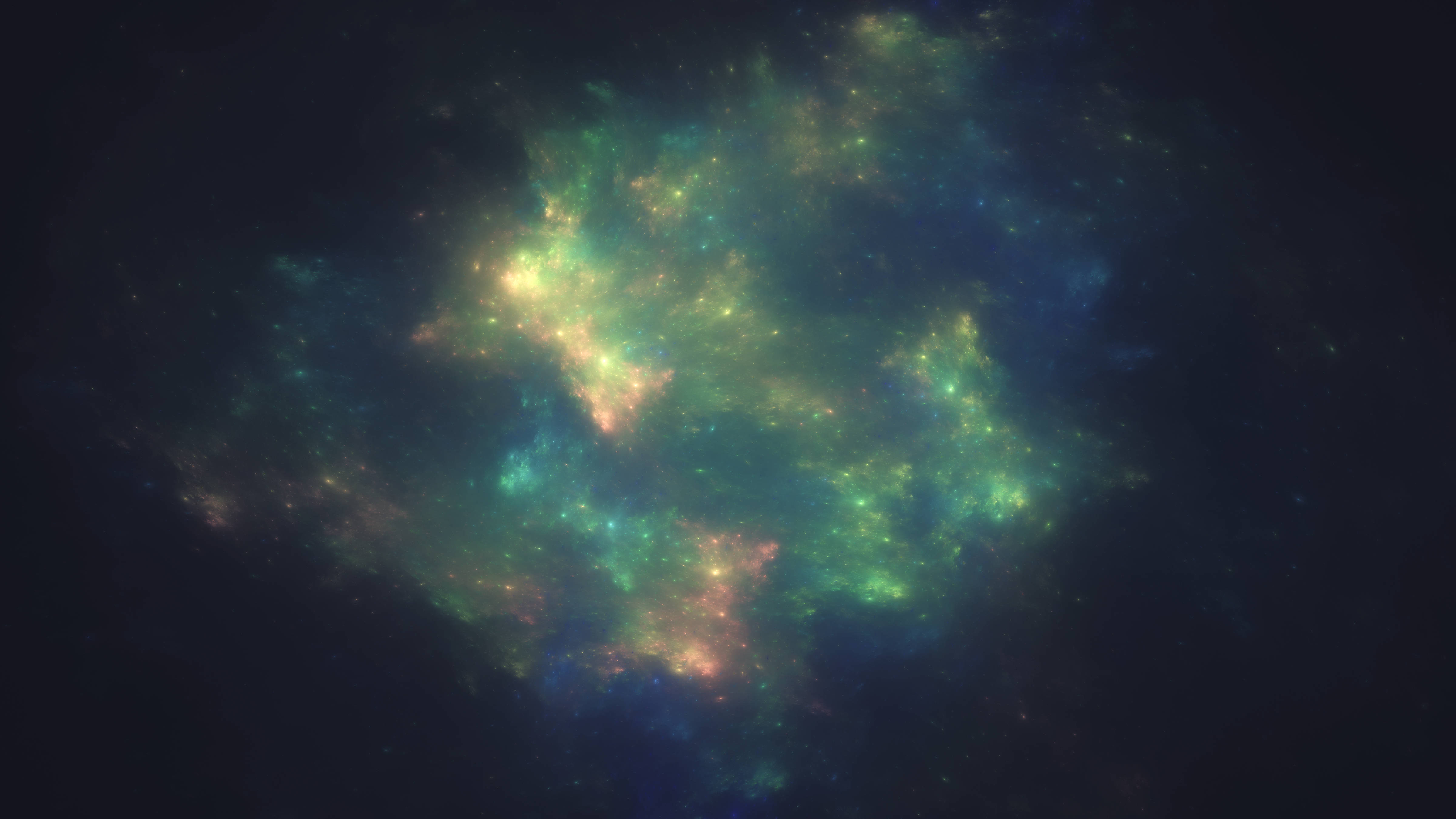cosmic nebula, glowing green blue and orange hues, deep black void, 4K Desktop Wallpaper