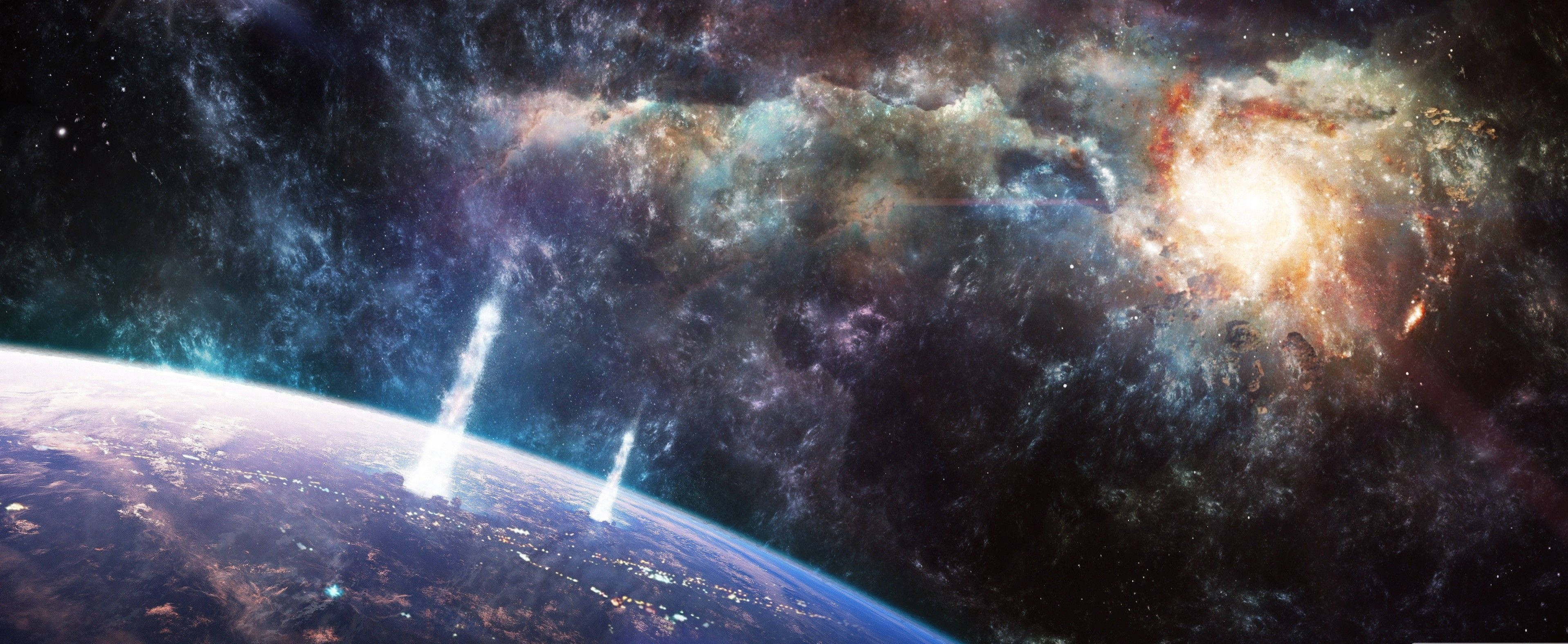 3840x1600, Cosmic Galaxy Outerspace, Earth's curved horizon, 2K Desktop Wallpaper