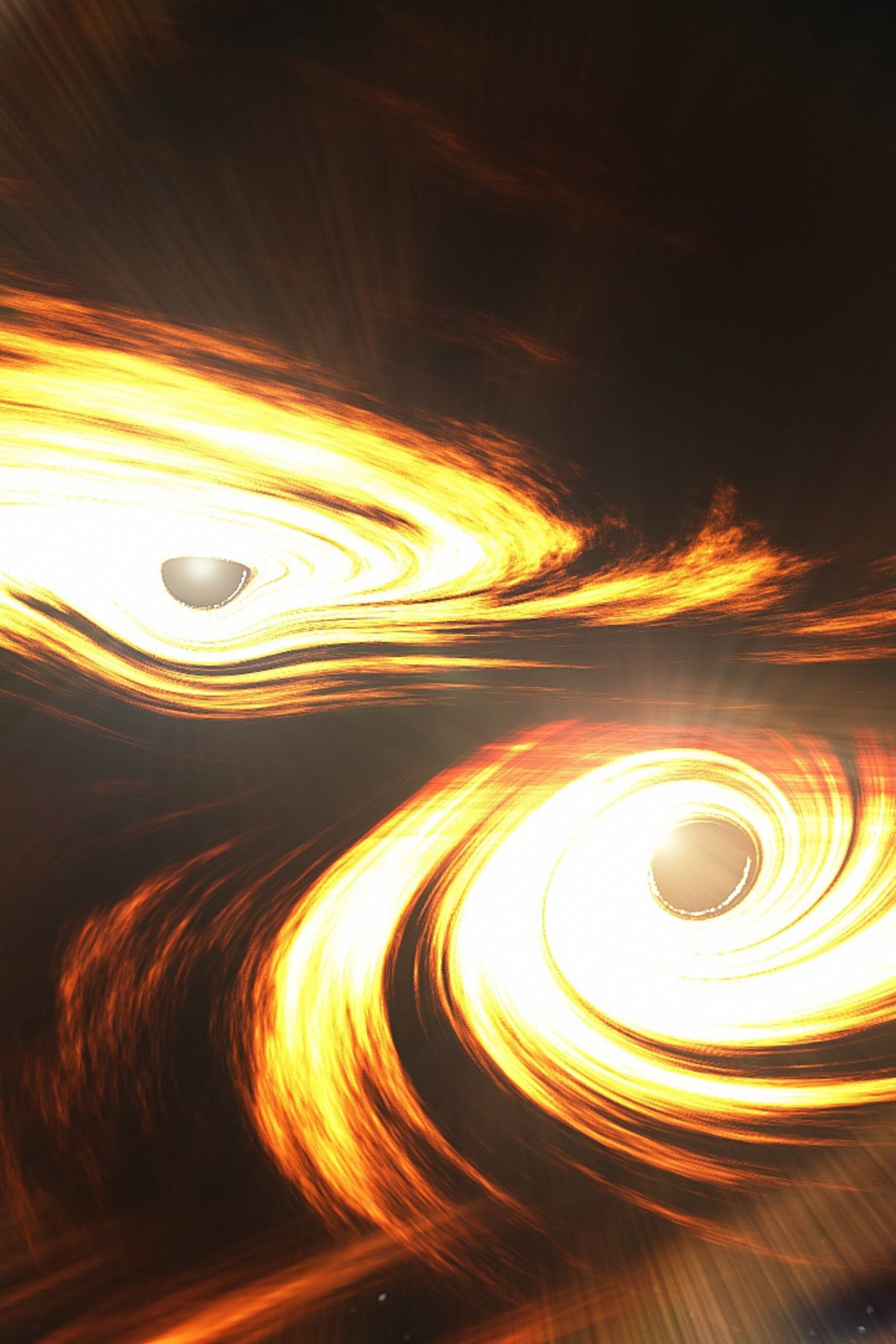 4K, black hole collision, glowing orange and yellow accretion disks, 2K Phone Wallpaper
