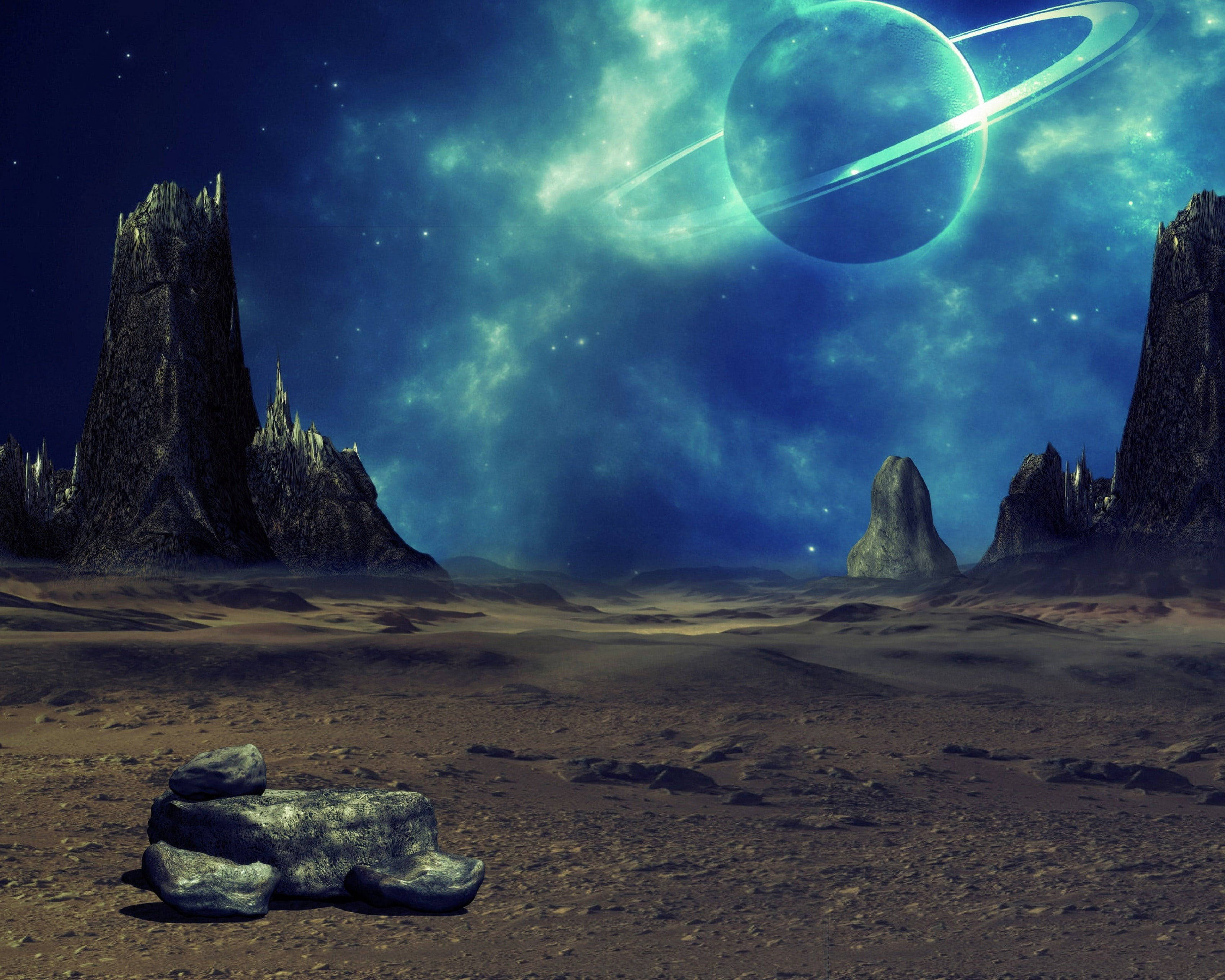 glowing ringed planet, starry sky, jagged rock formations, 2K Desktop Wallpaper