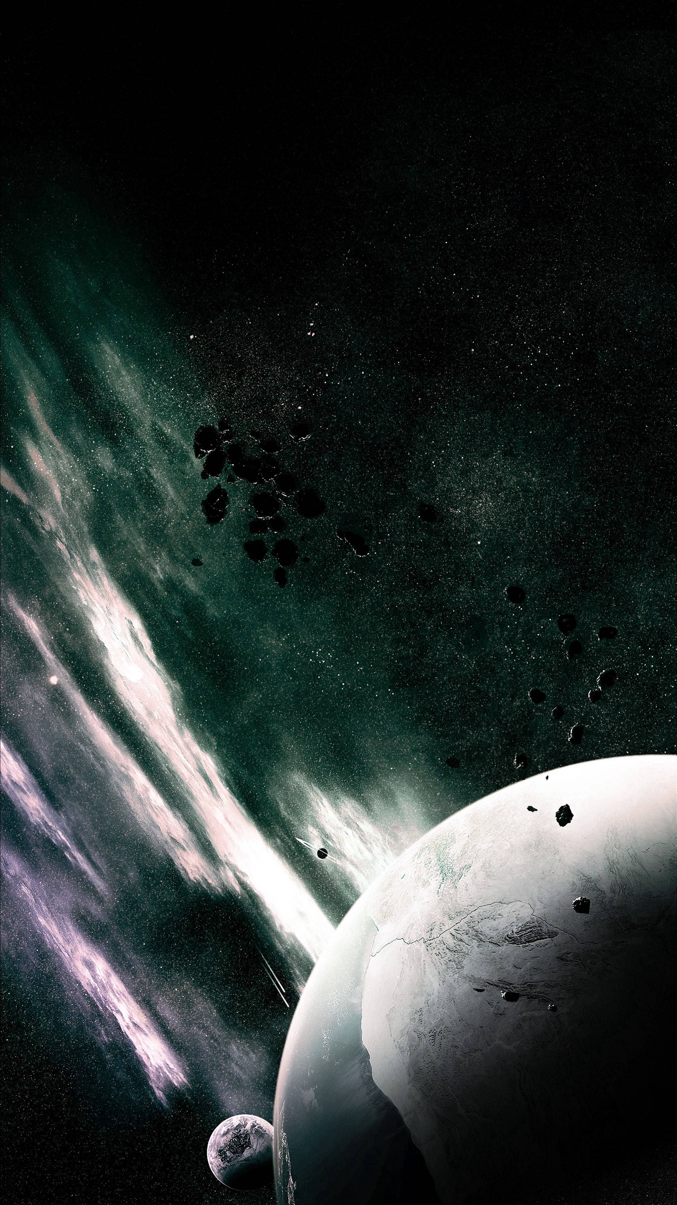 Asteroids in Space 4K Phone, cratered planet, glowing green nebulae, 4K Phone Wallpaper