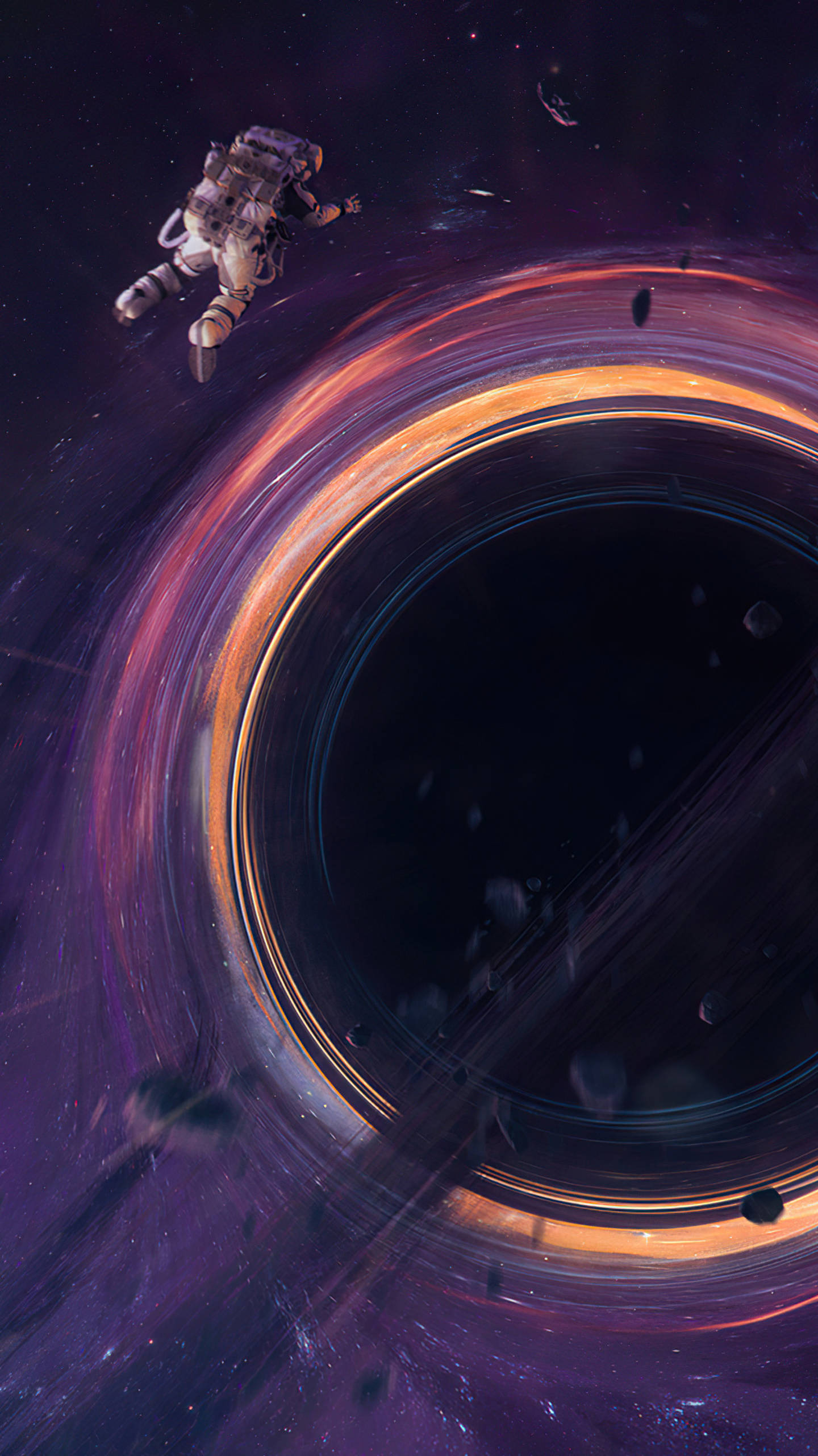 black hole, glowing orange and purple accretion disk, astronaut, 2K Phone Wallpaper