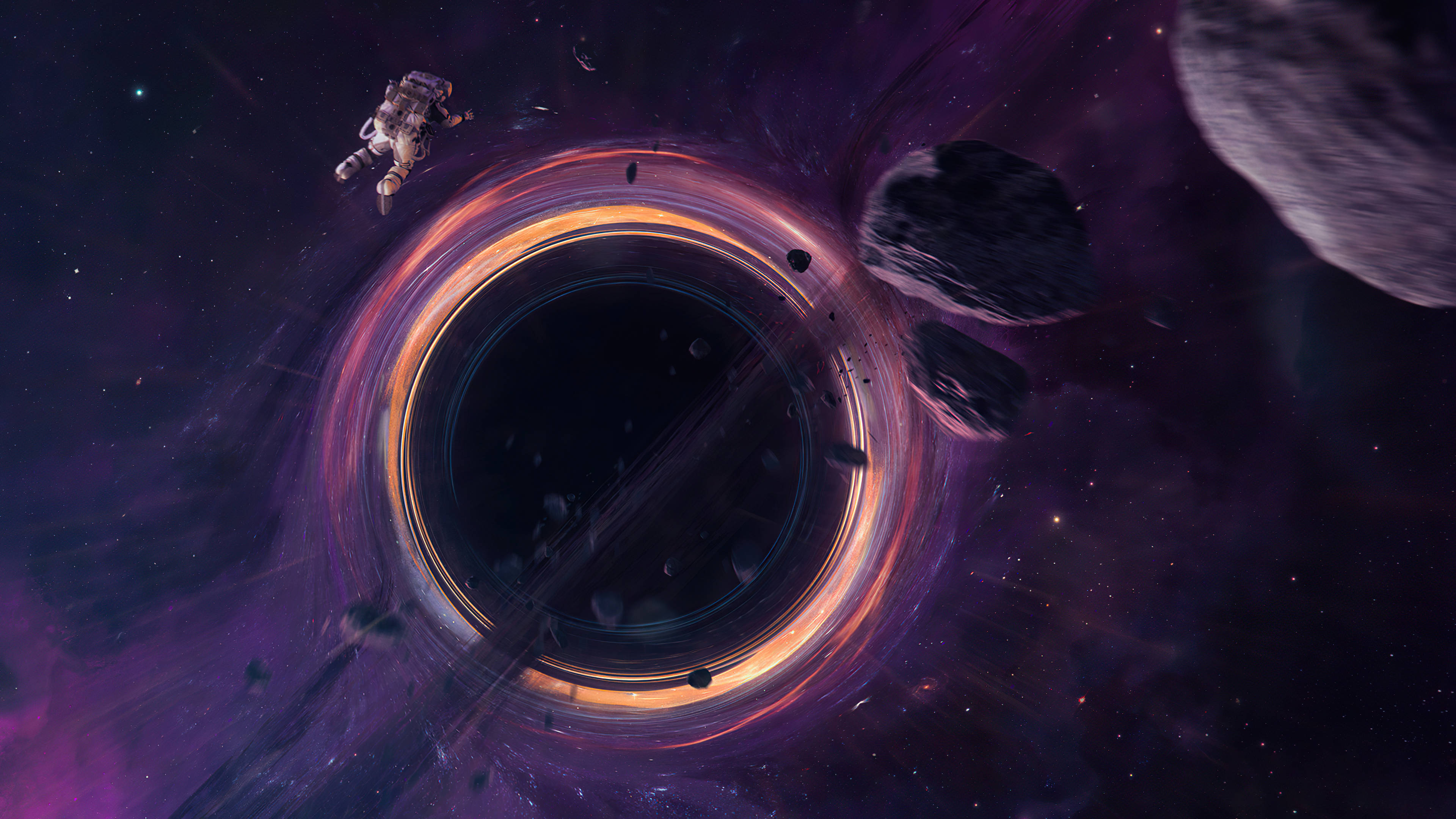 black hole, glowing purple and orange, astronaut, 4K Desktop Wallpaper