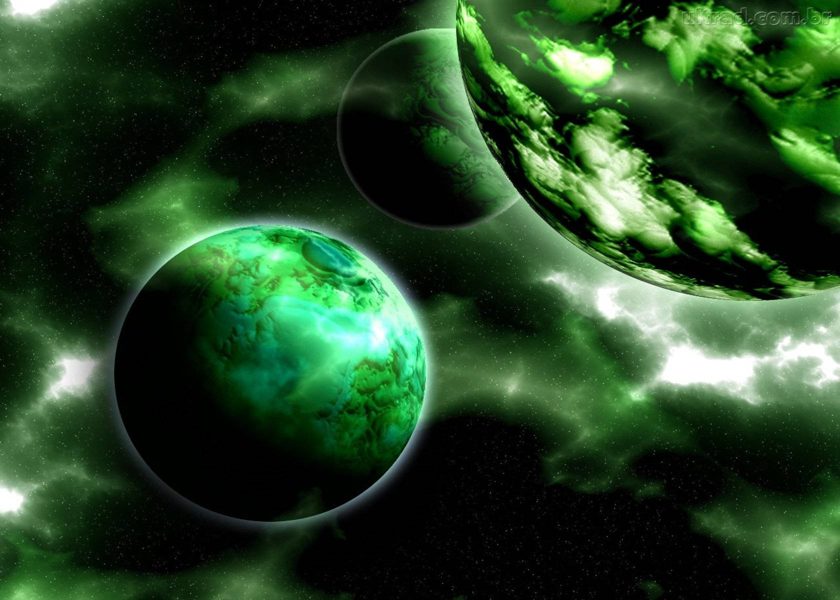 Green Space Glowing System, three glowing green planets, swirling cosmic nebulae, HD Desktop Wallpaper