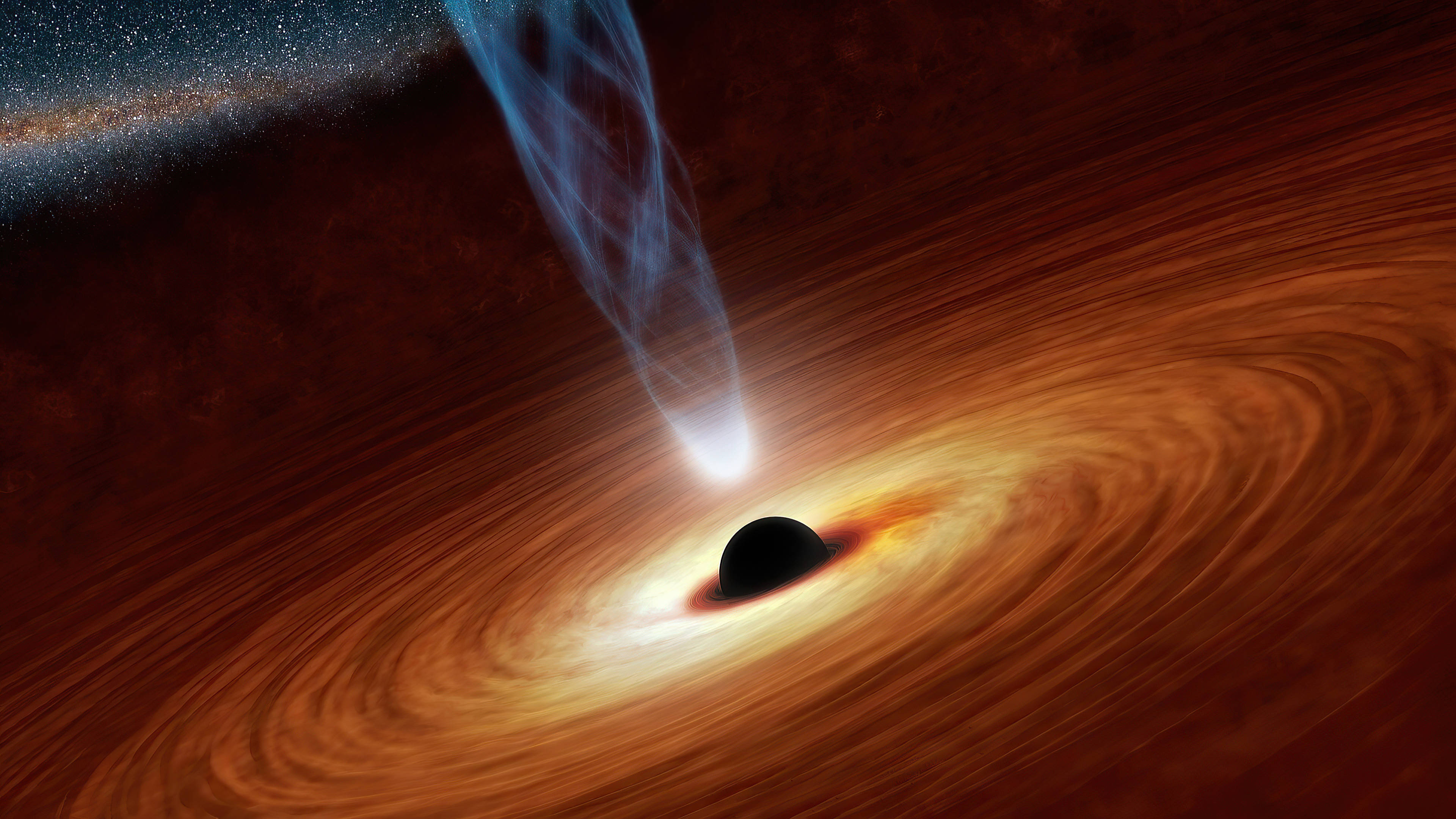 black hole, orange accretion disk, bright blue jet, 4K Desktop Wallpaper