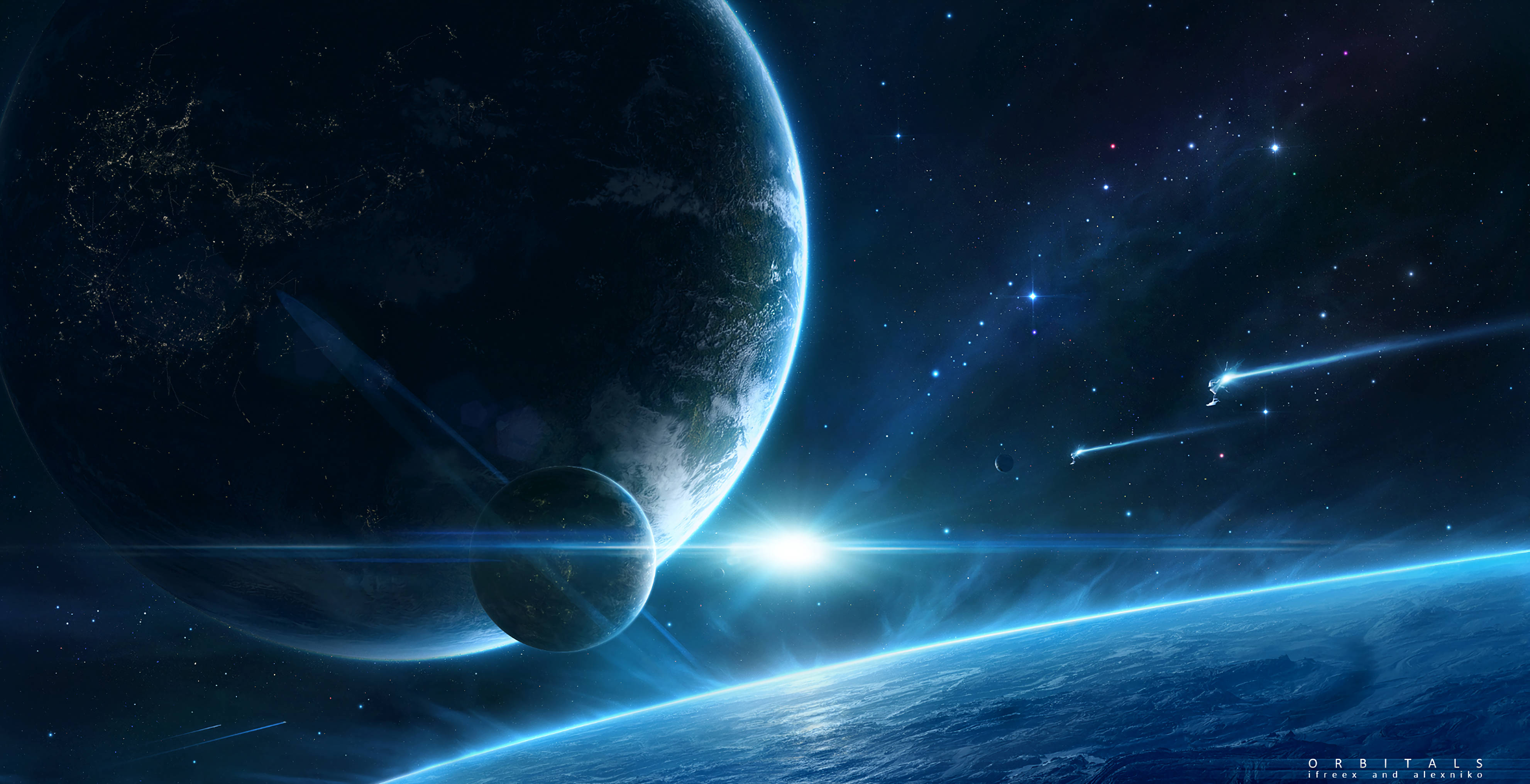Earth, moon, glowing blue auroras, 4K Desktop Wallpaper