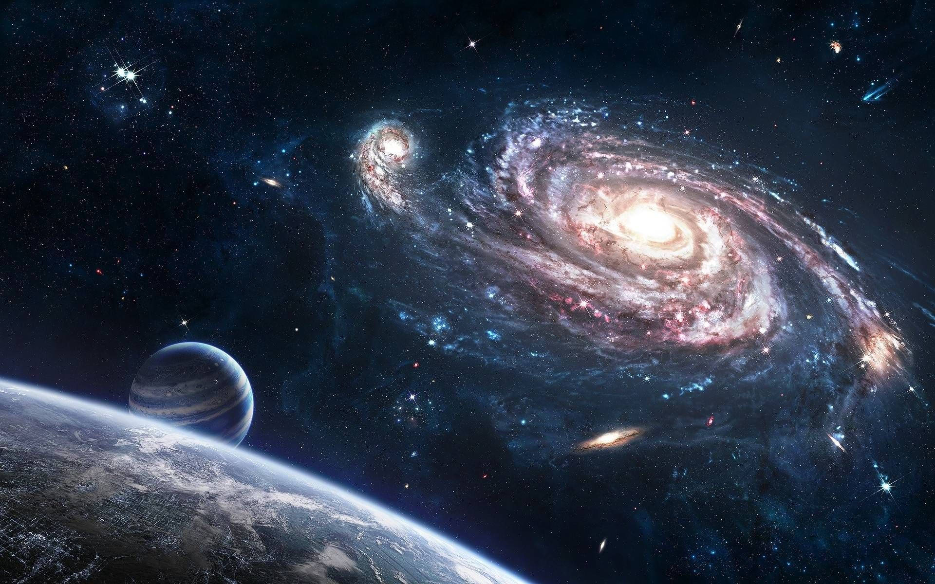 spiral galaxy, pink and blue hues, starfield, Full HD Desktop Wallpaper