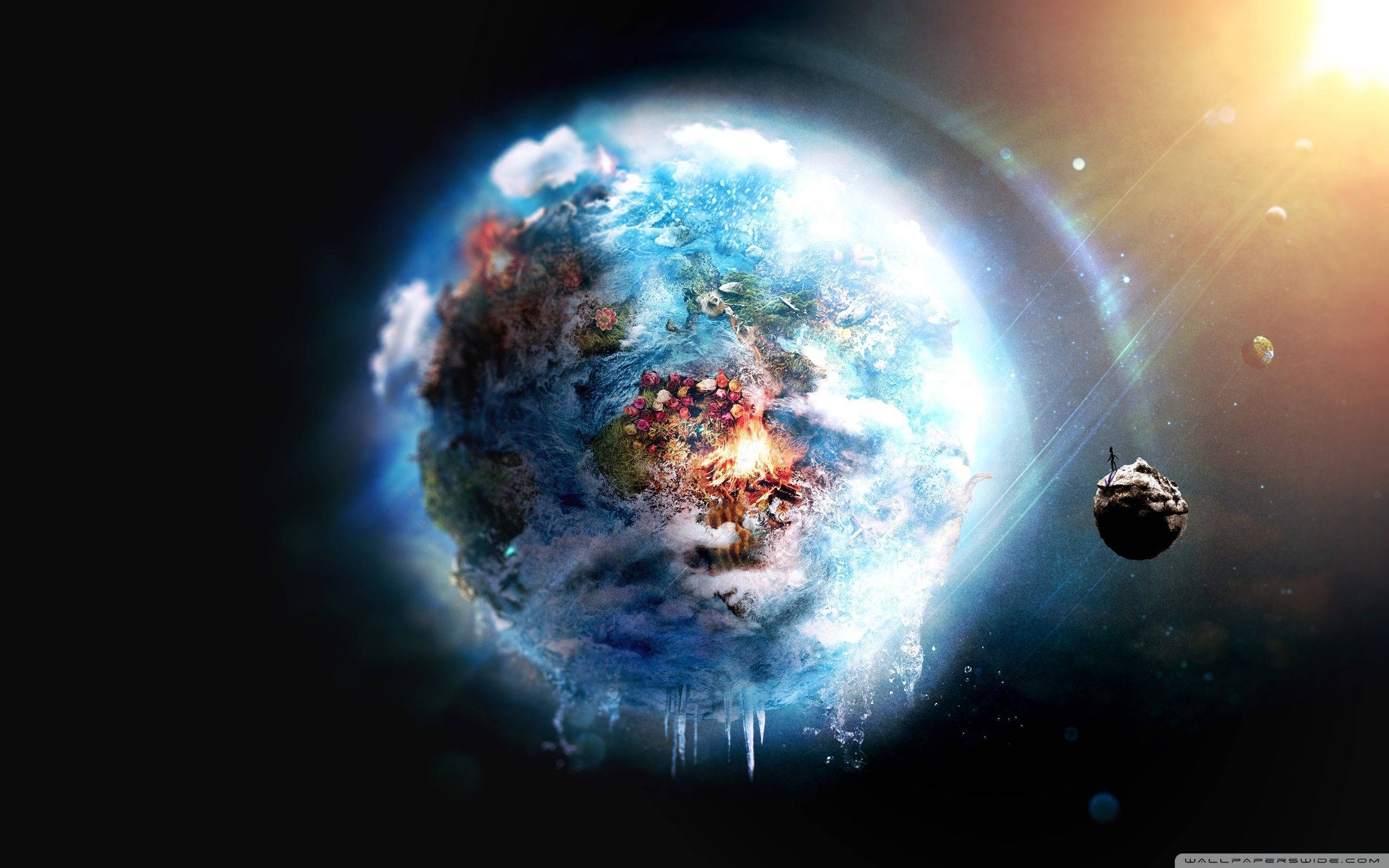 glowing blue planet, fiery explosion, small moon, 2K Desktop Wallpaper