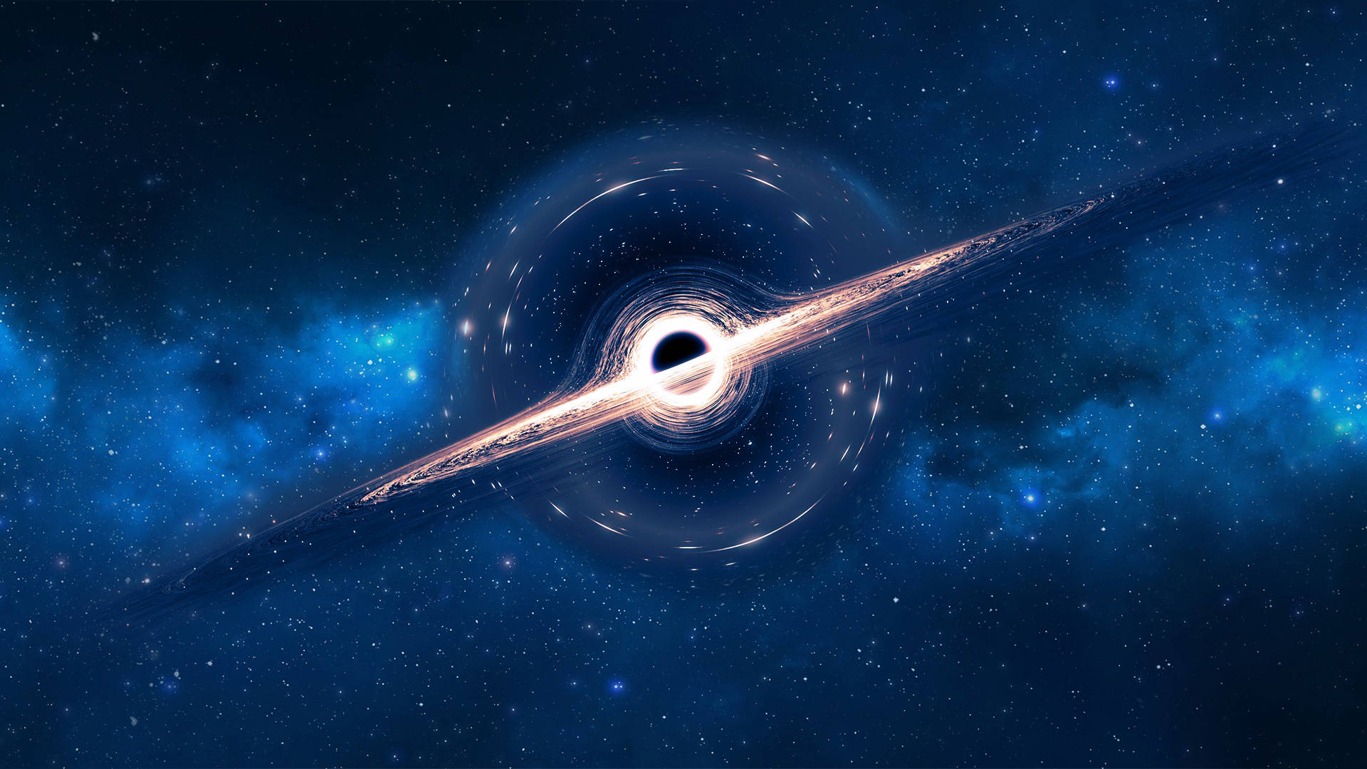 black hole, glowing accretion disk, deep blue nebulae, Full HD Desktop Wallpaper