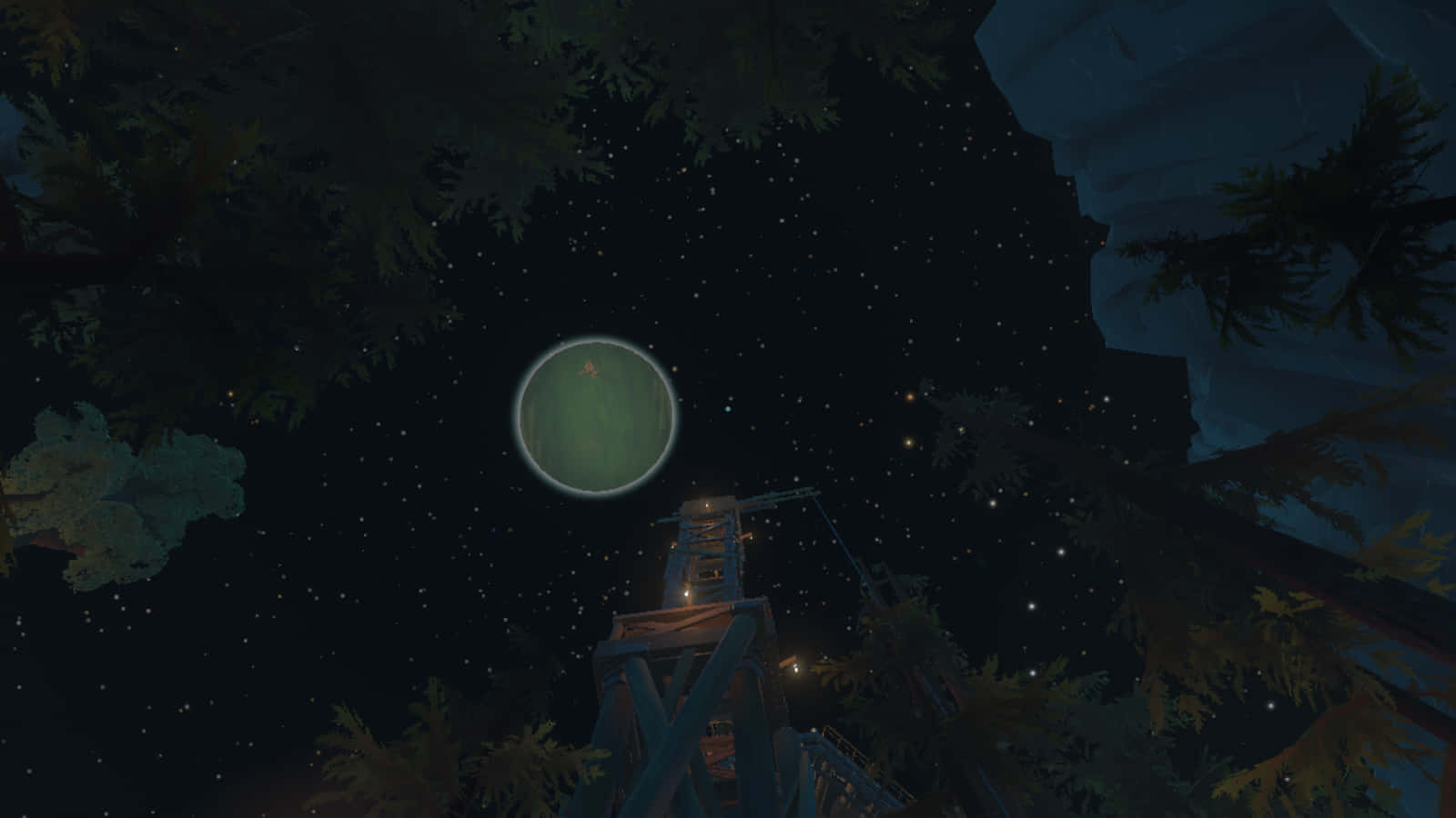 Outer Wilds, glowing green planet, starry night sky, HD Desktop Wallpaper