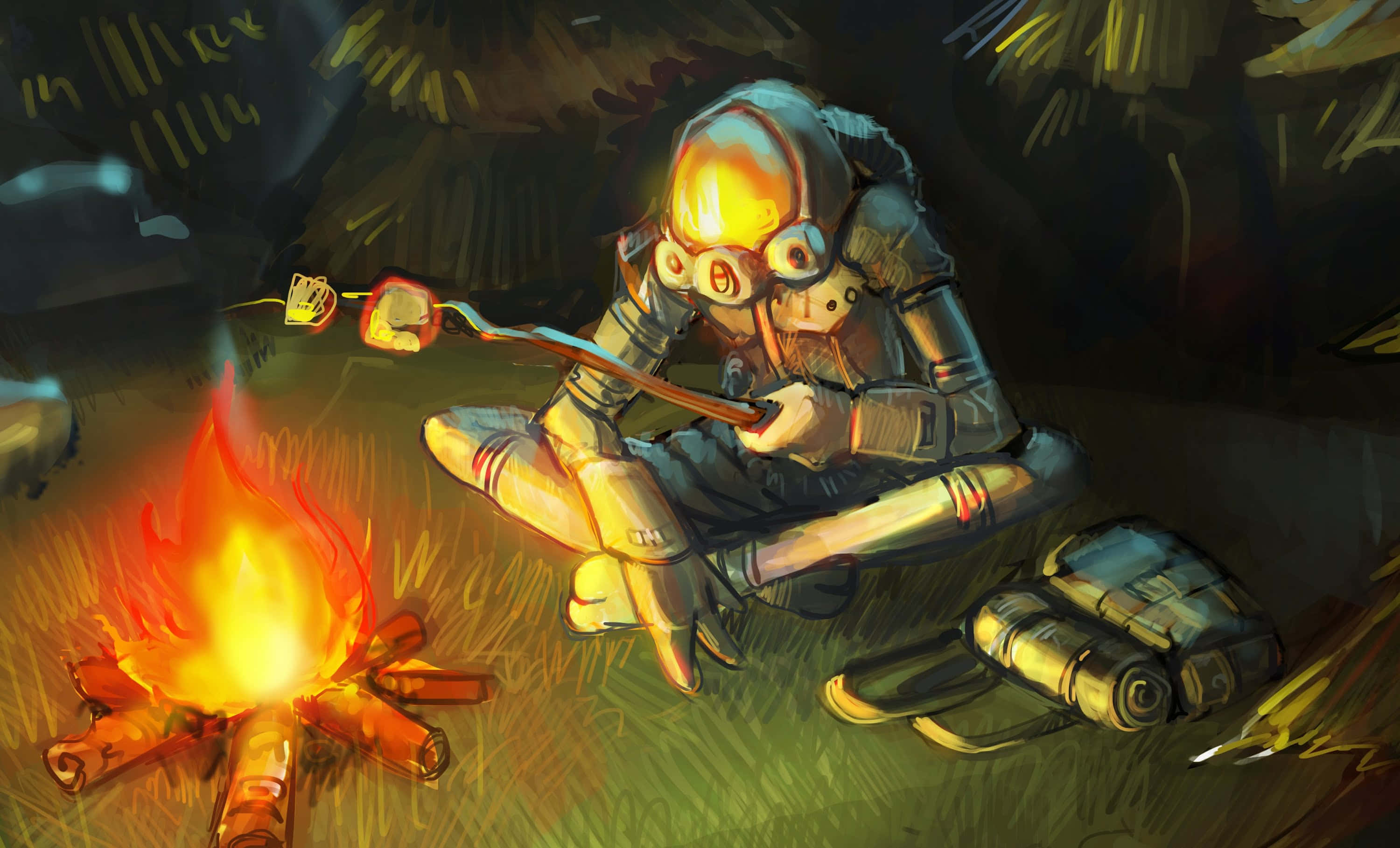Outer Wilds, armored figure, campfire, 2K Desktop Wallpaper
