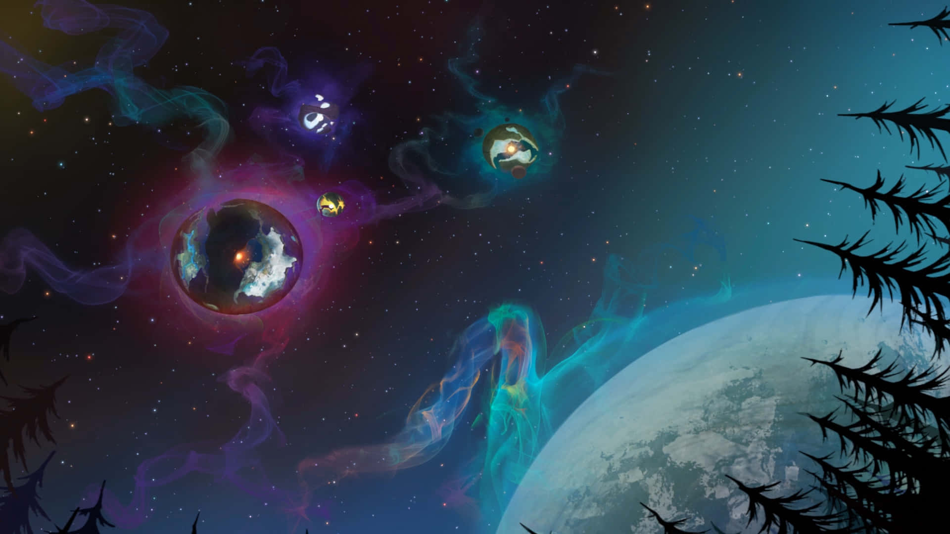 Outer Wilds, nebulae, floating planets, Full HD Desktop Wallpaper
