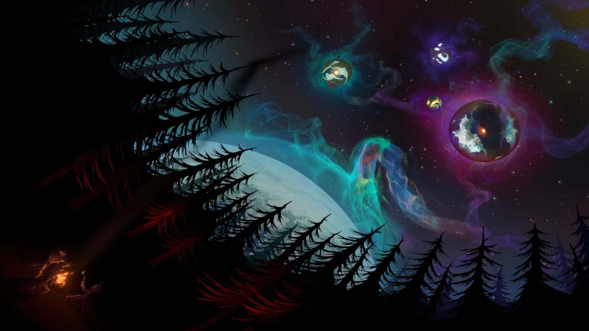 Outer Wilds, pine trees, glowing planets, Full HD Desktop Wallpaper