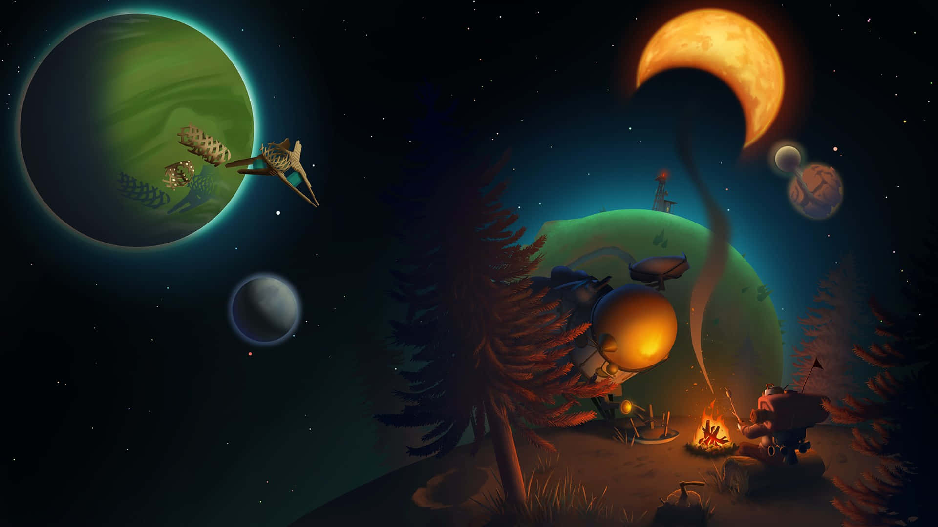 Outer Wilds, crescent moon, floating planets, Full HD Desktop Wallpaper