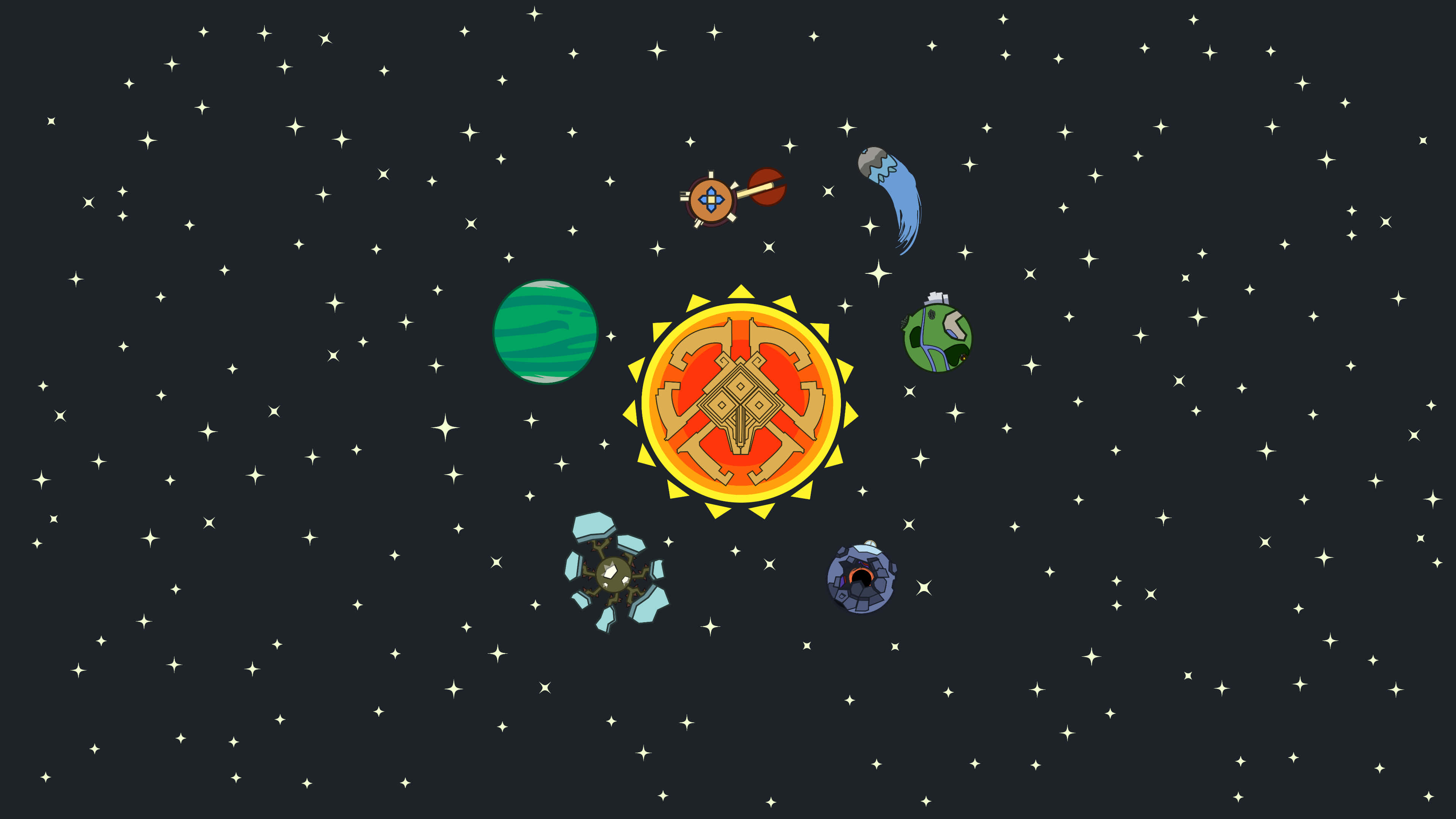 Outer Wilds, cartoon solar system, stylized sun, 4K Desktop Wallpaper