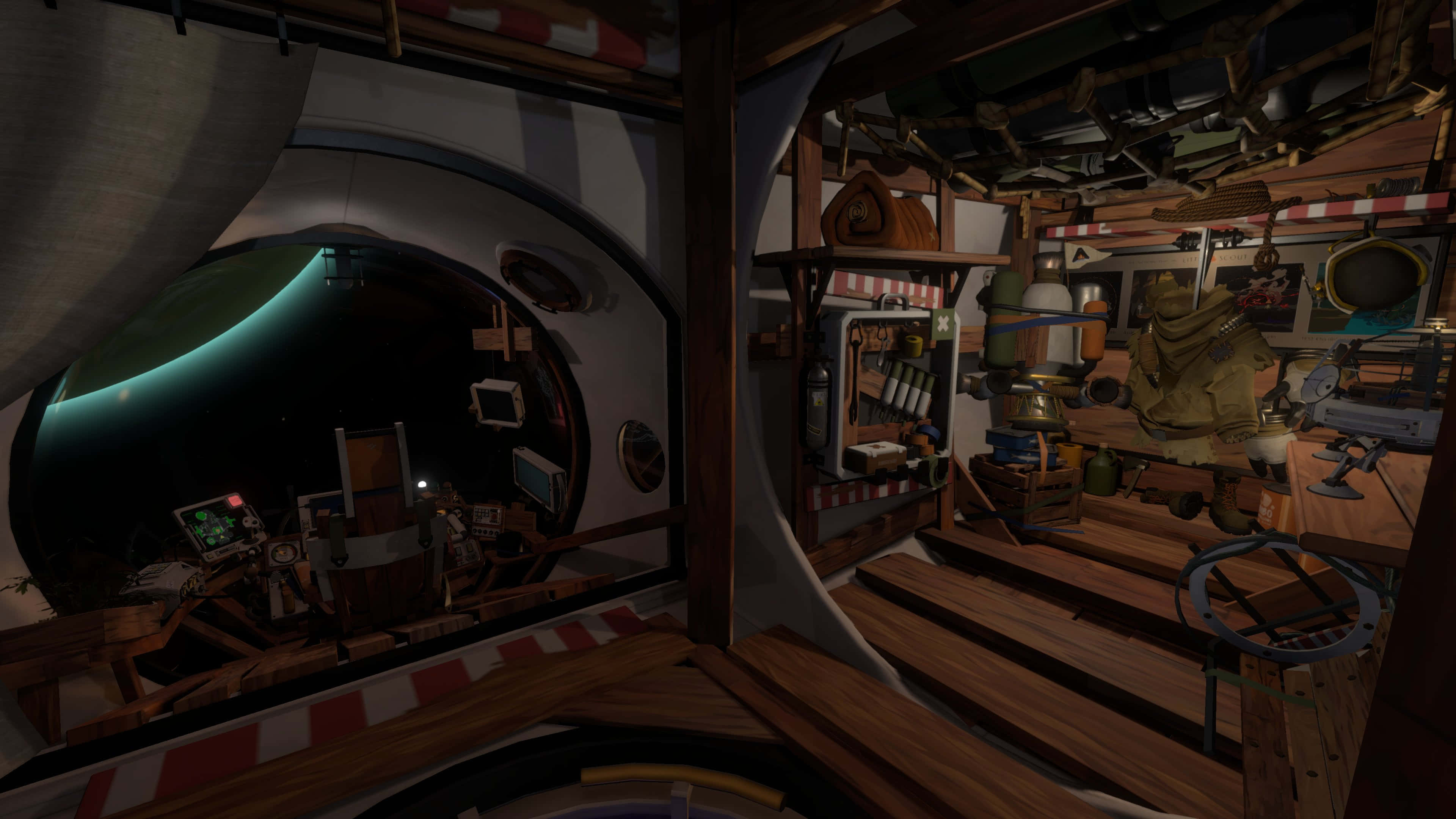 Outer Wilds, wooden floor, red-white striped accents, 4K Desktop Wallpaper