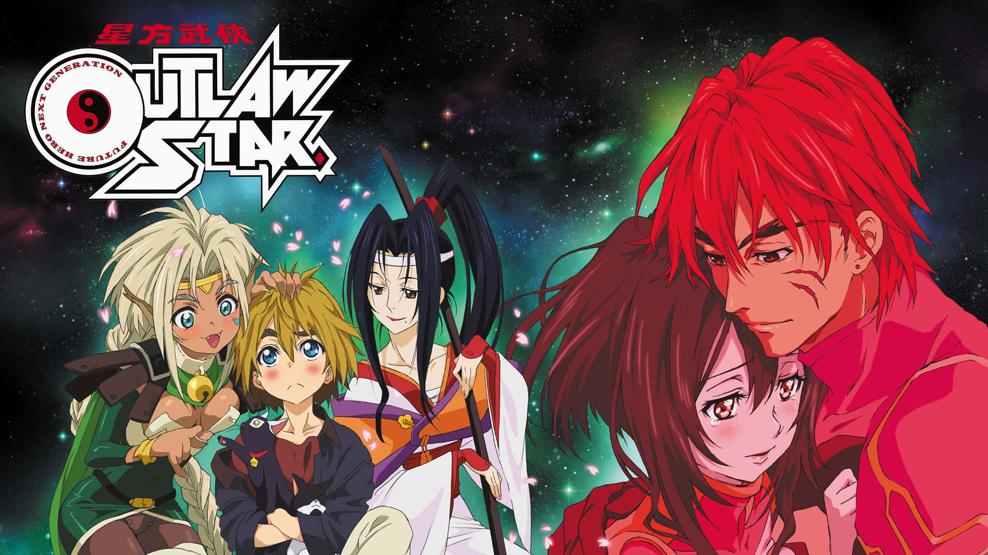 Outlaw Star, anime cast, starry cosmic backdrop, Full HD Desktop Wallpaper