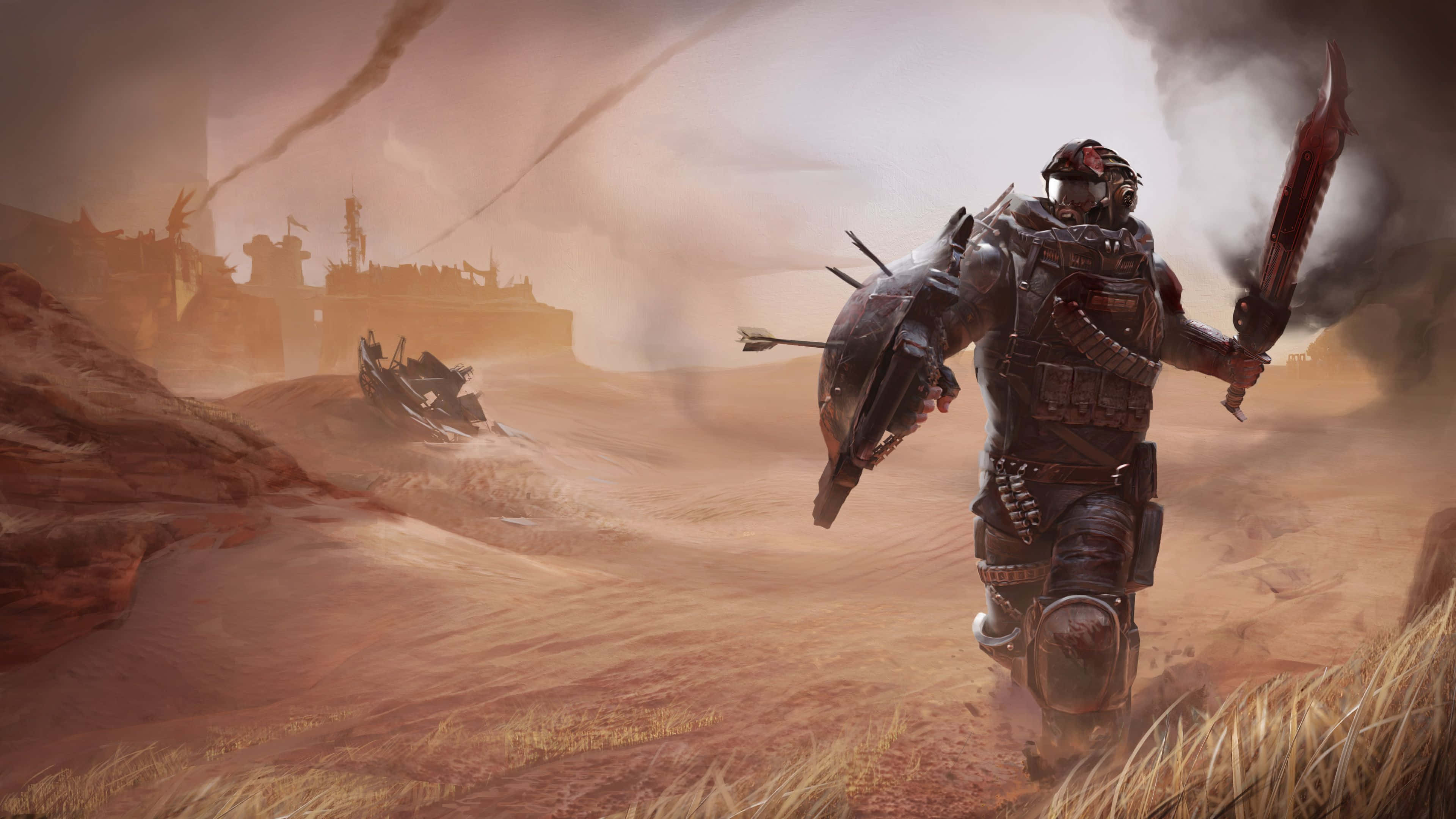 Outlaw, desert wasteland, bloodied sword, 4K Desktop Wallpaper