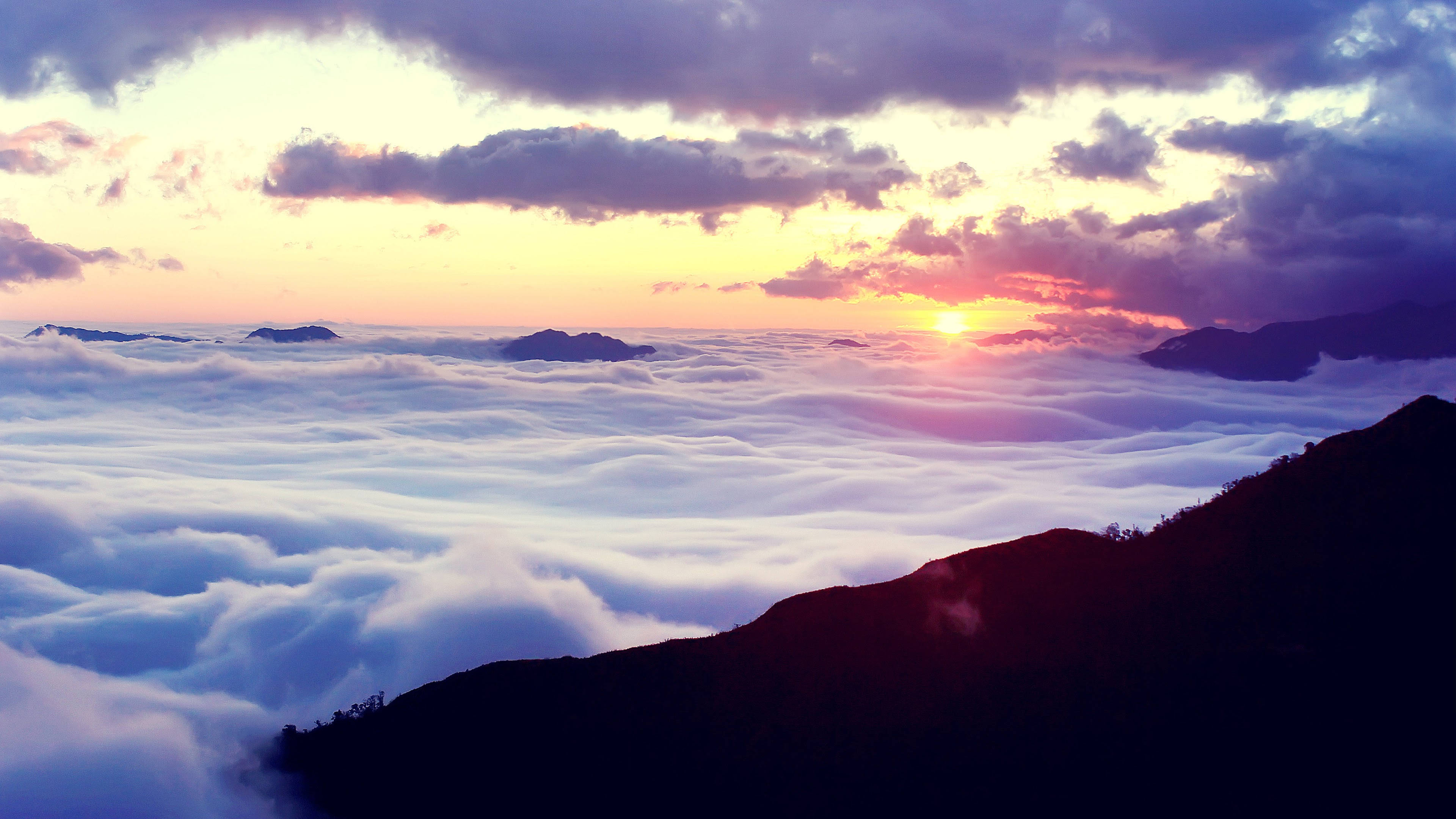 purplish sky, sunset, mountains, 4K Desktop Wallpaper