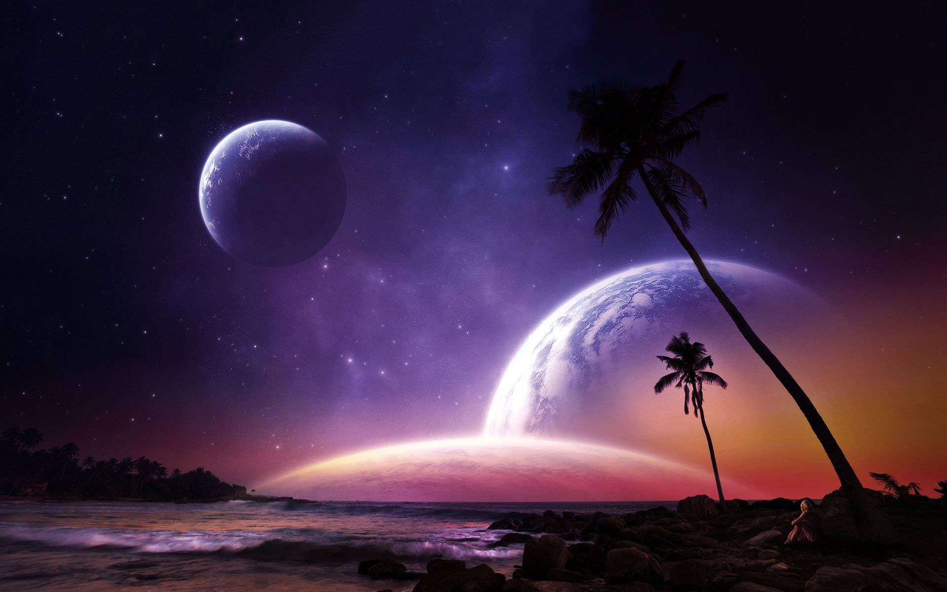 vibrant purple outlook planet, alien beach, twilight, Full HD Desktop Wallpaper