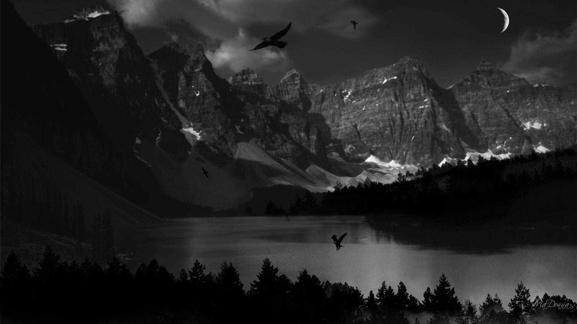 Outlook, terrifying dark mountain, monochrome mountain lake, Full HD Desktop Wallpaper
