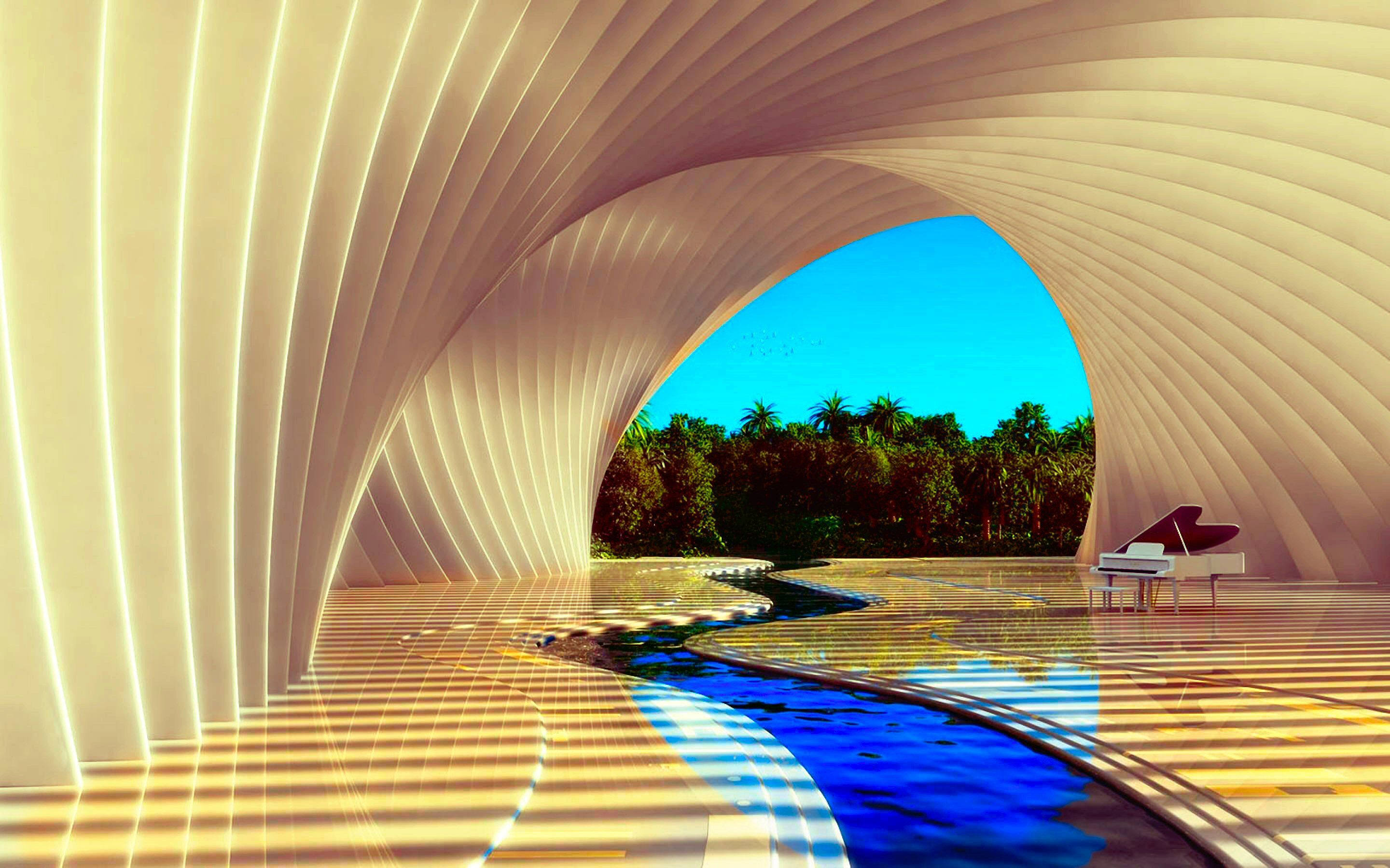 Modern Outlook, curved architectural dome, glowing vertical lights, 2K Desktop Wallpaper